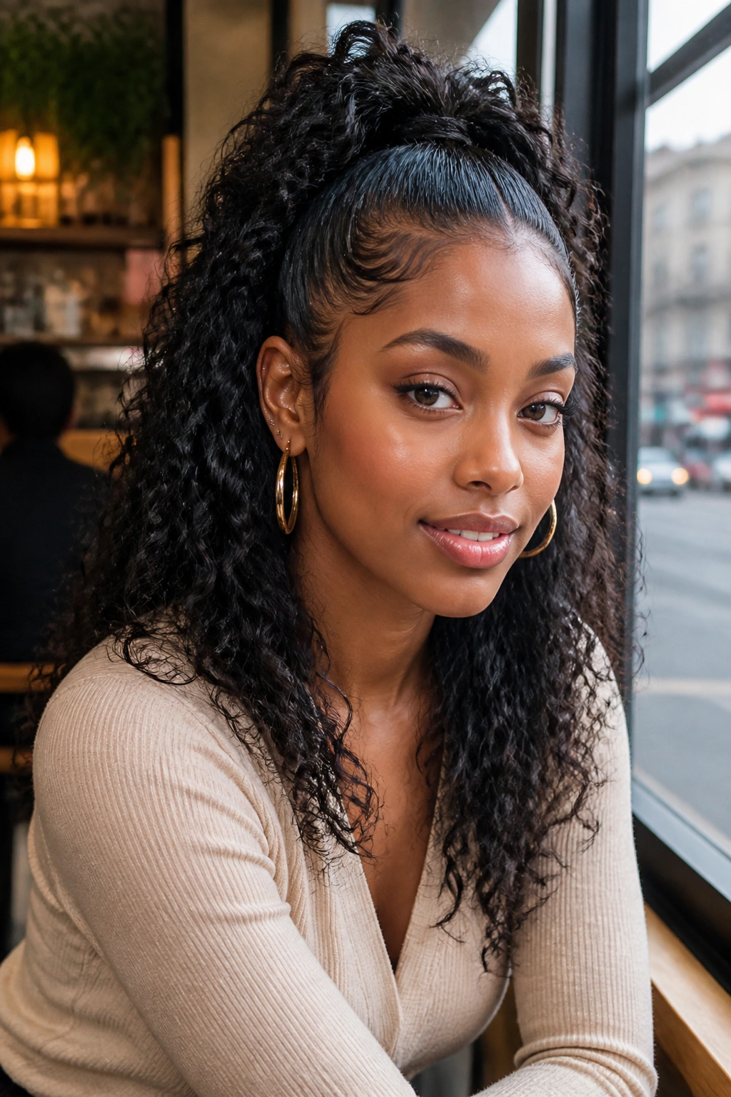 Close-up portrait of a real woman with half-up hairstyle and curly ends.