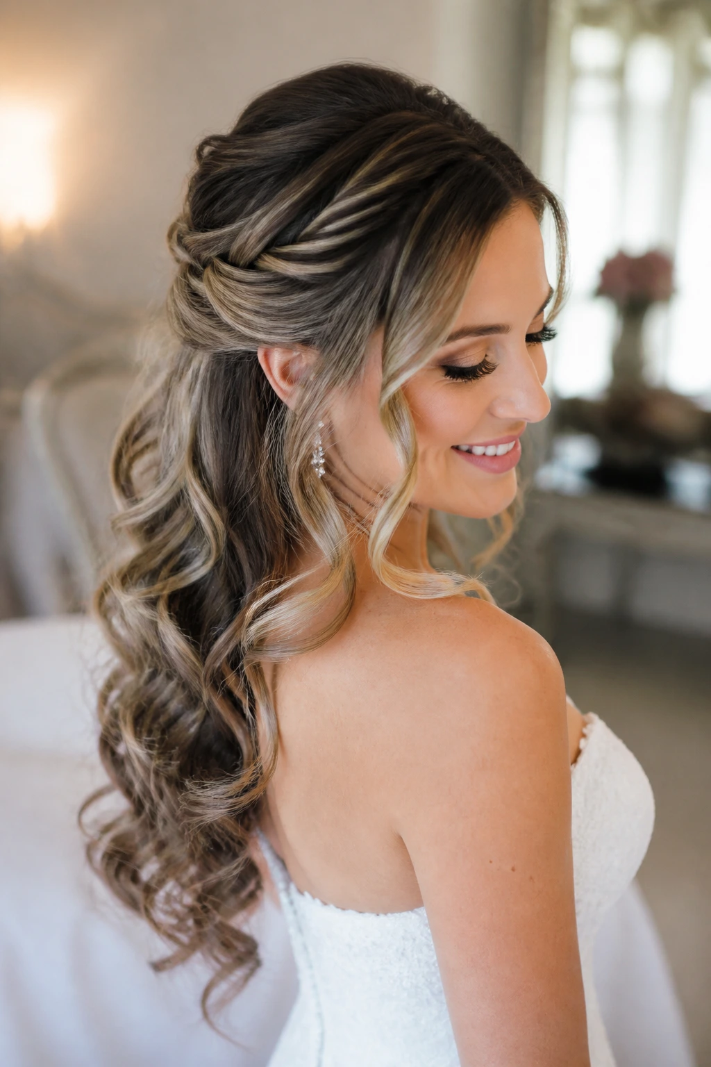 Bride with half-up half-down hairstyle and loose curls