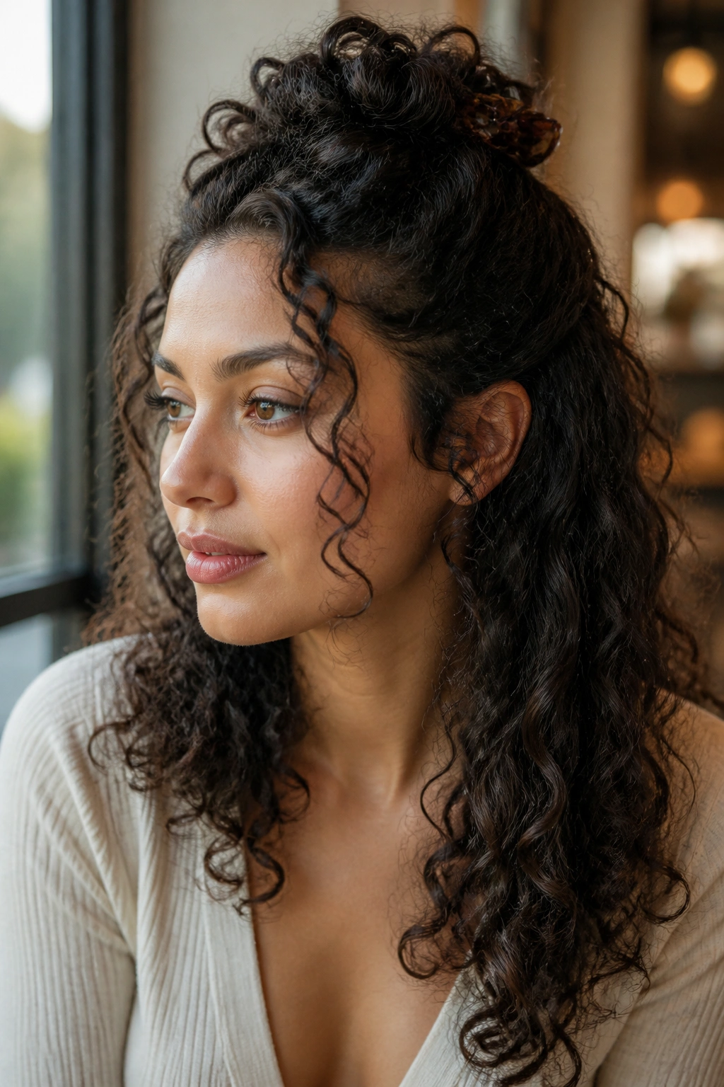 Portrait of a woman in half-up half-down curls with face-framing pieces under soft daylight