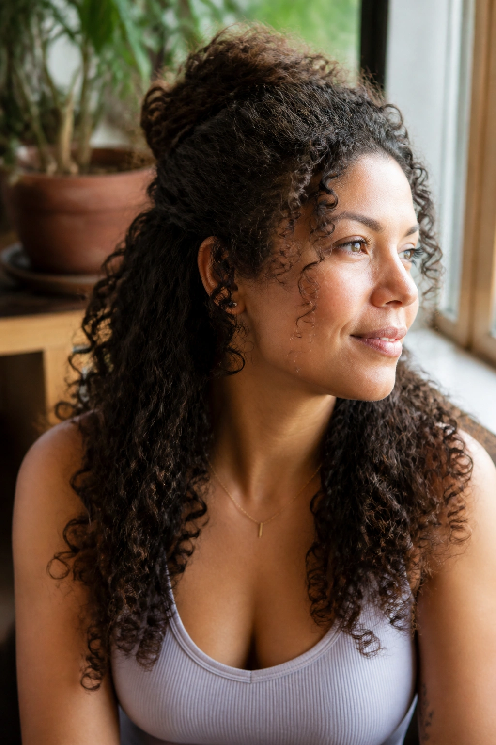 Portrait of a real woman with half-up half-down curls, top pinned back and bottom curls flowing