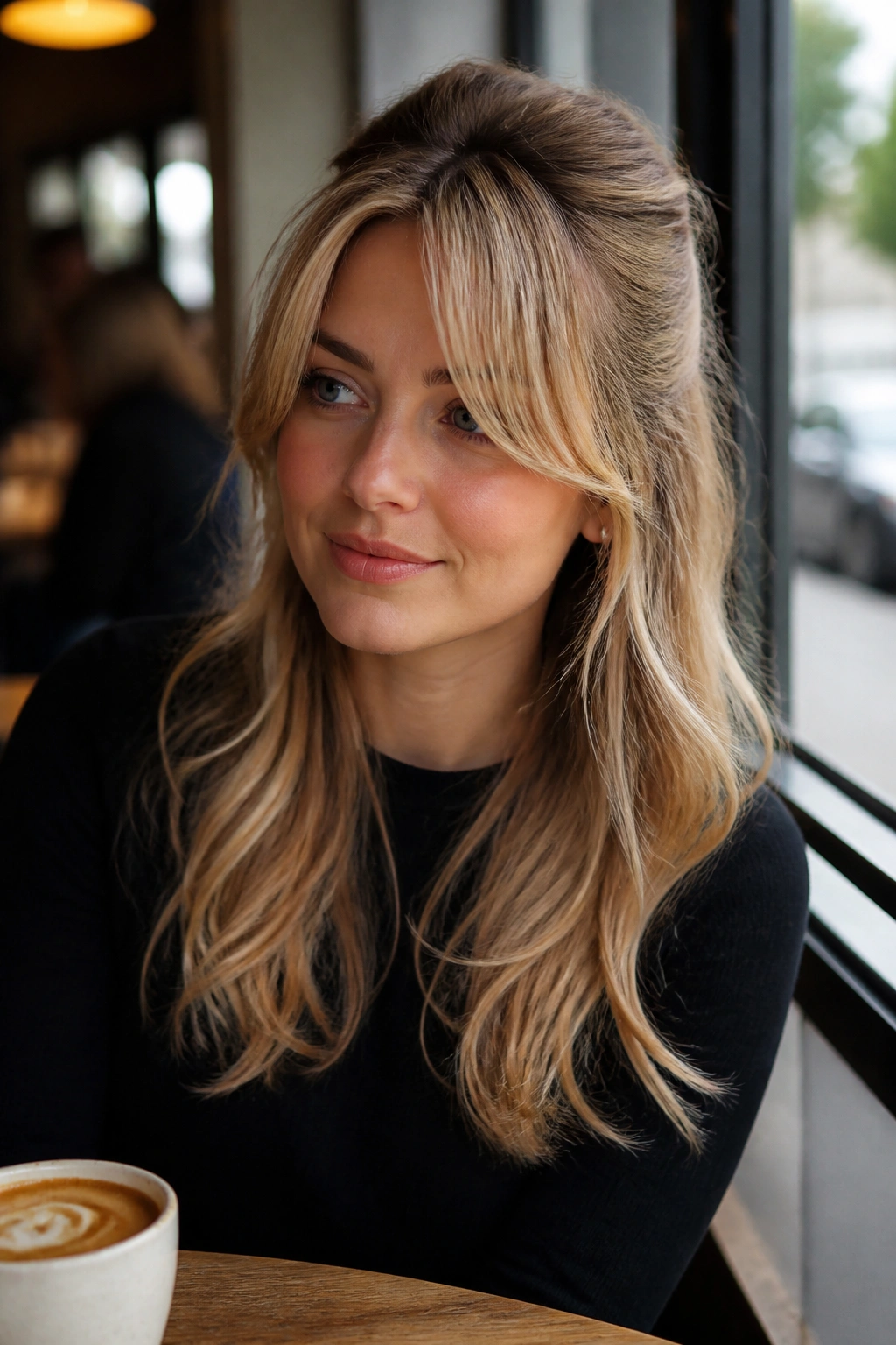 Close-up of a real person with half-up half-down hairstyle and curtain bangs in a cafe