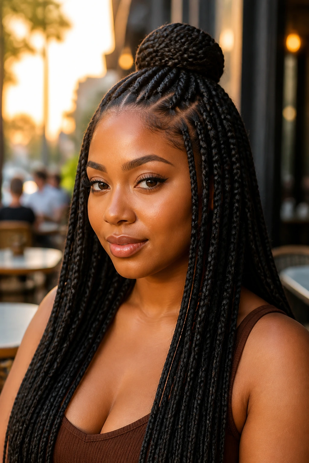 Portrait of a real woman with half-up half-down Ghana braids in an outdoor cafe at golden hour.