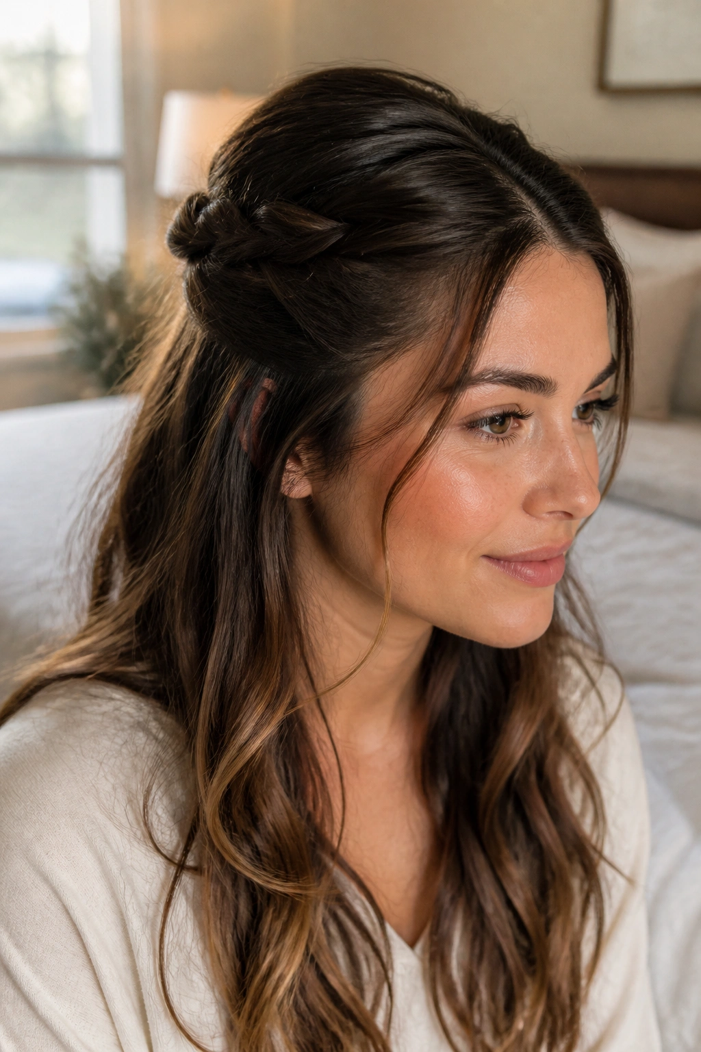 Close-up of a real woman with twisted half-up half-down hairstyle.