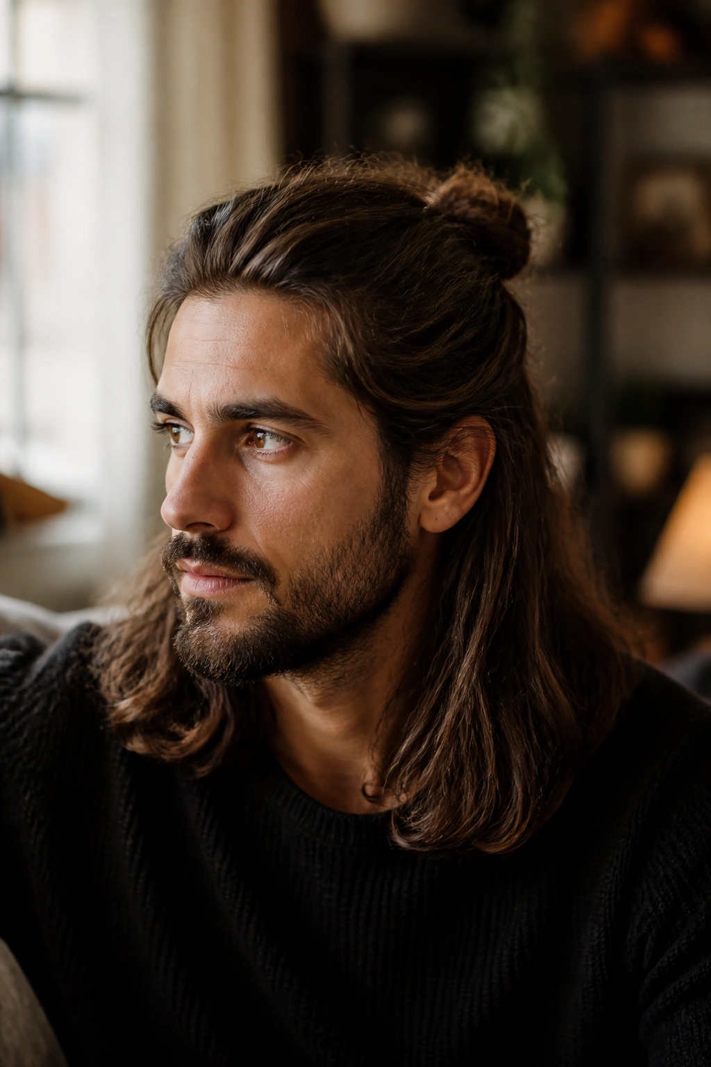 Close-up portrait of a man with a half-up-half-down hairstyle.