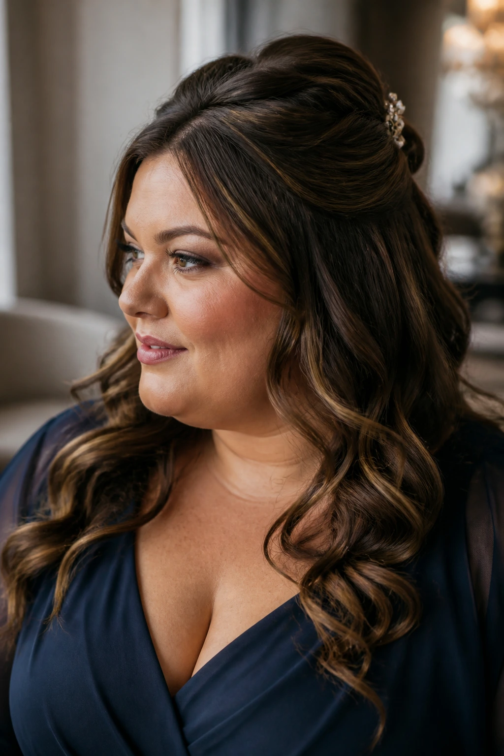 Real woman with half-up half-down hairstyle and decorative clip