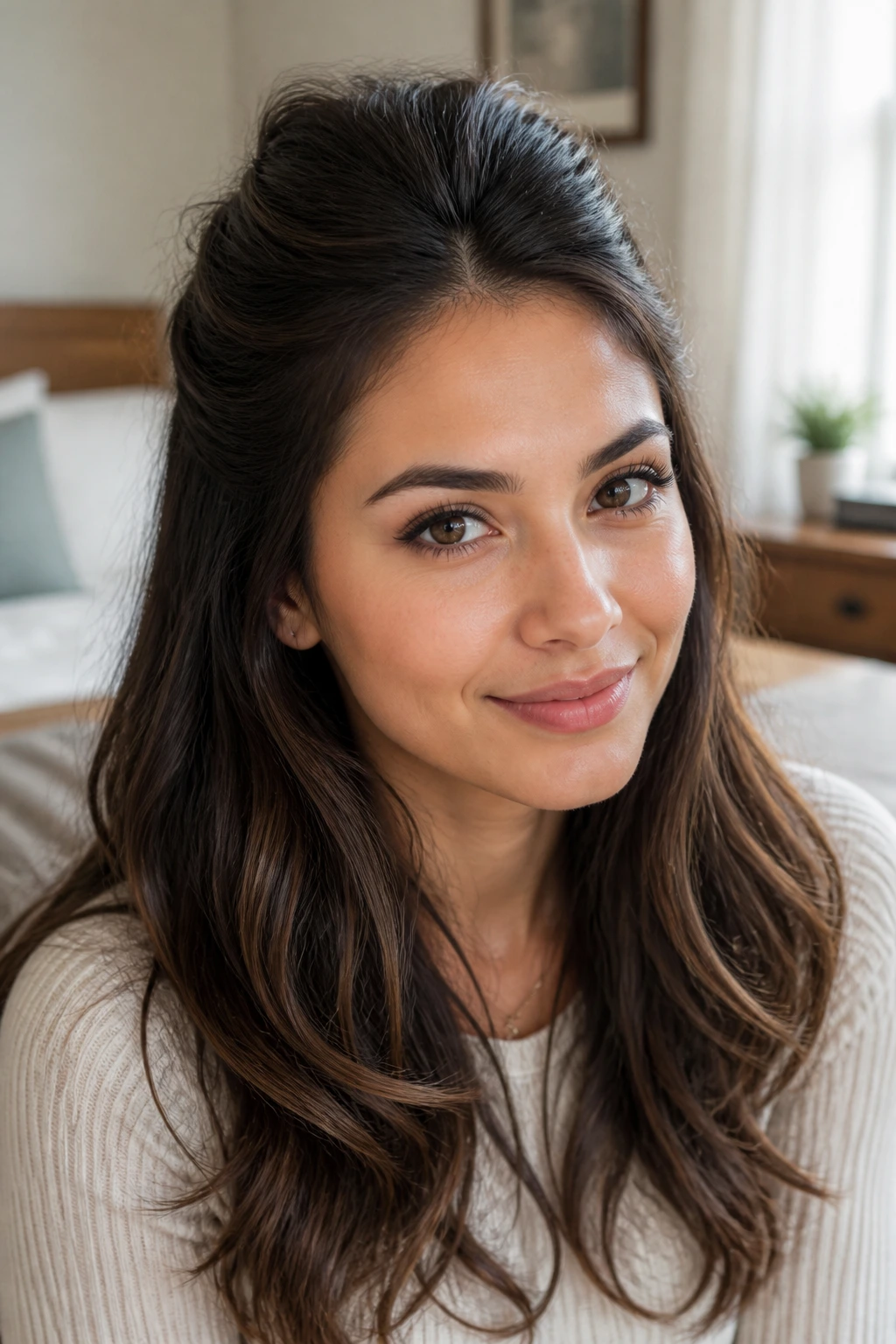 Close-up of a real woman with half-up half-down hairstyle and lifted crown, natural window light.