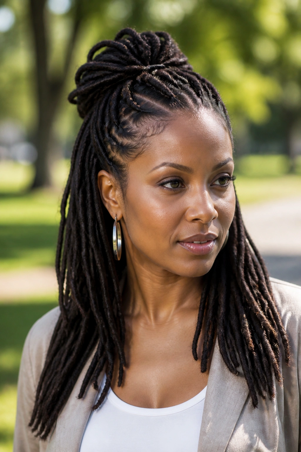 Close-up of a real woman with half-up, half-down locs and lifted crown.