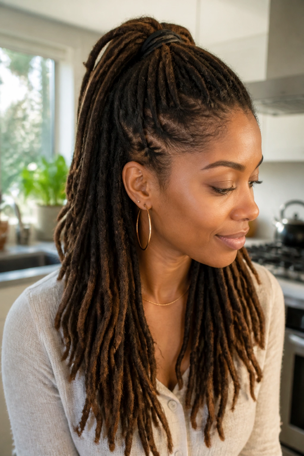 Real person with half-up half-down loc hairstyle