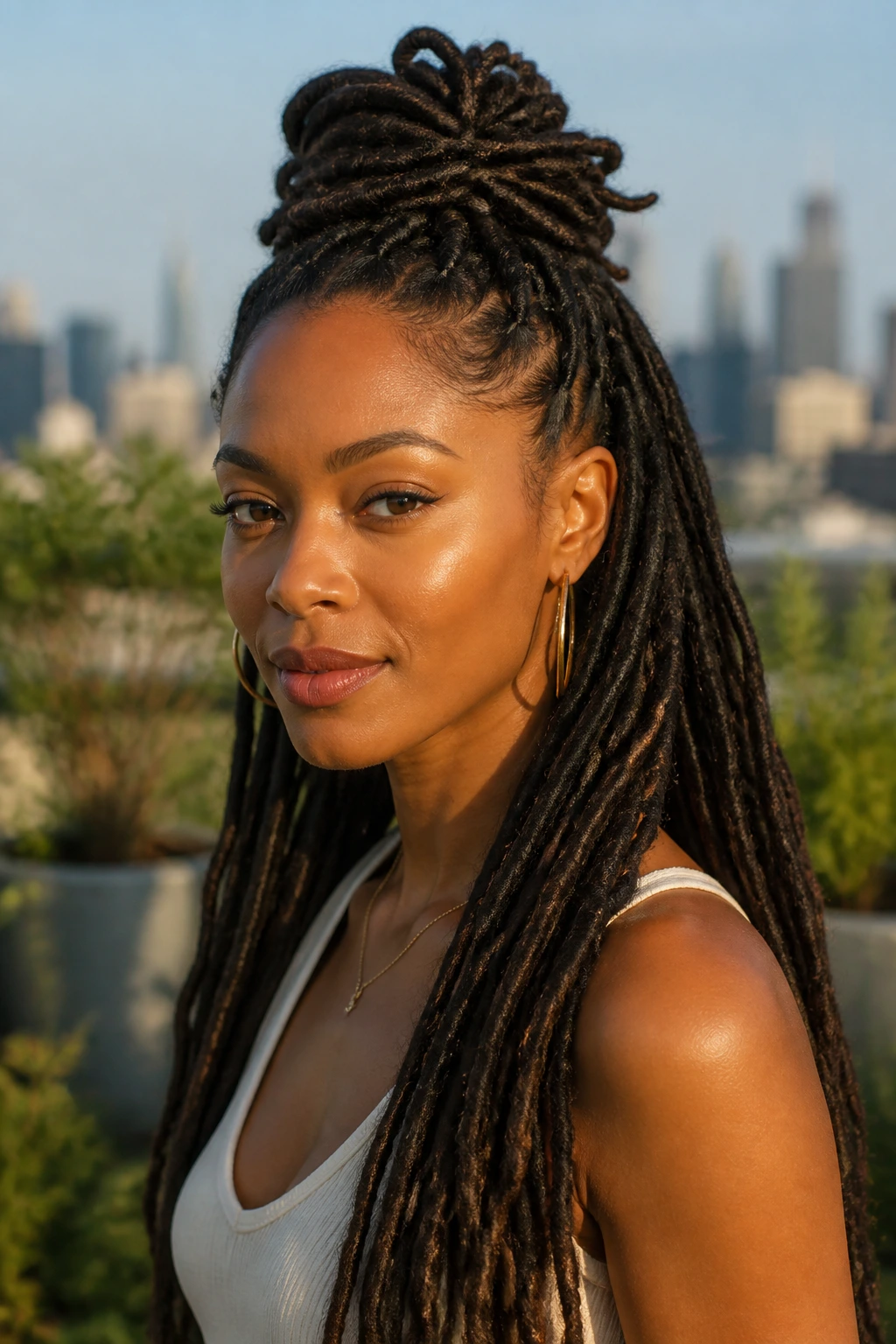 Close-up portrait of a woman with half-up half-down locs outdoors