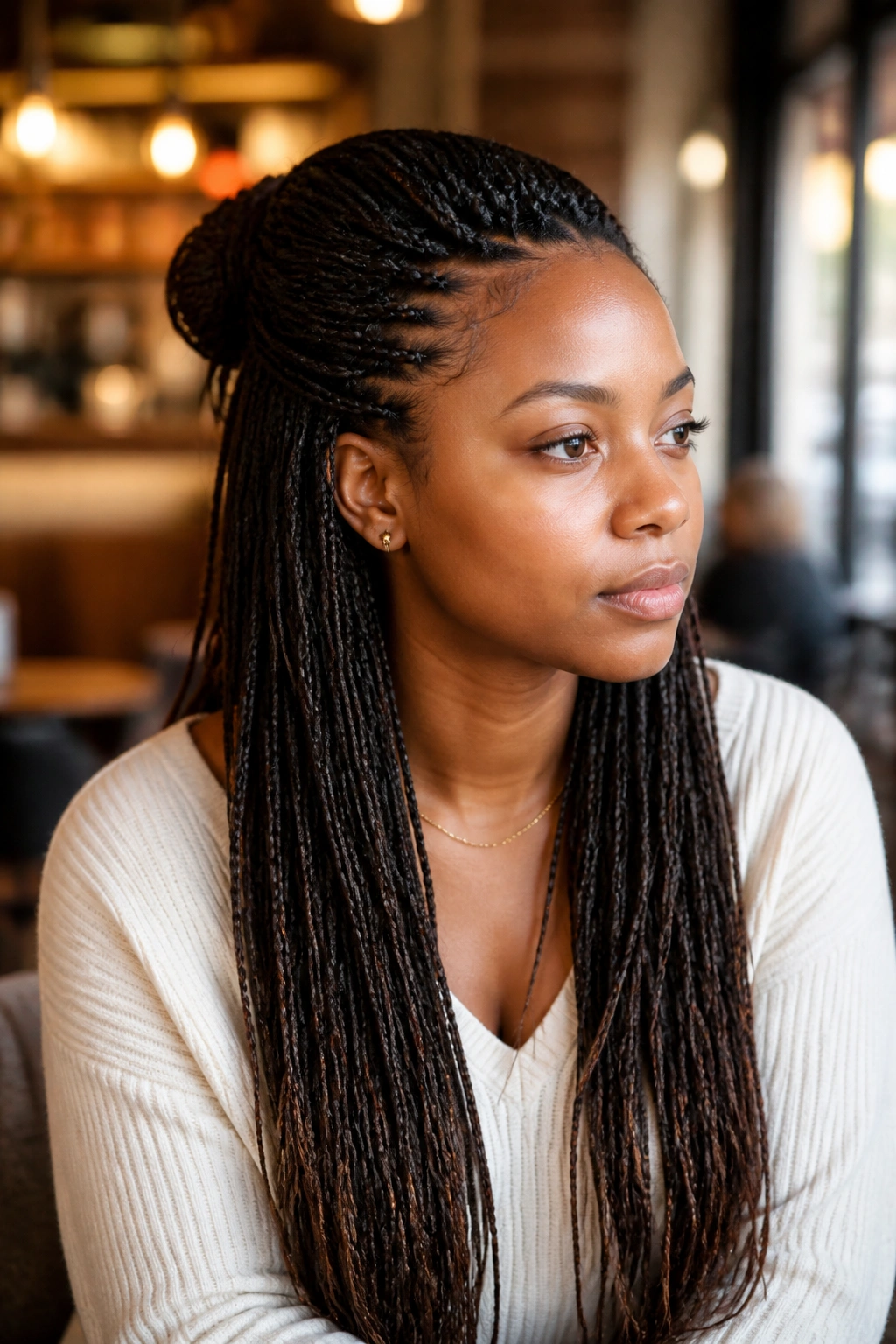 Close-up portrait of a real woman with half-up, half-down micro braids