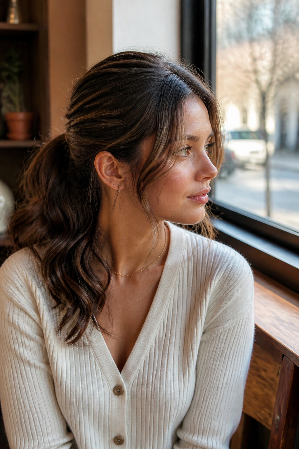 Mid-shot of a real woman with a half-up ponytail and face-framing pieces in a sunlit cafe setting.