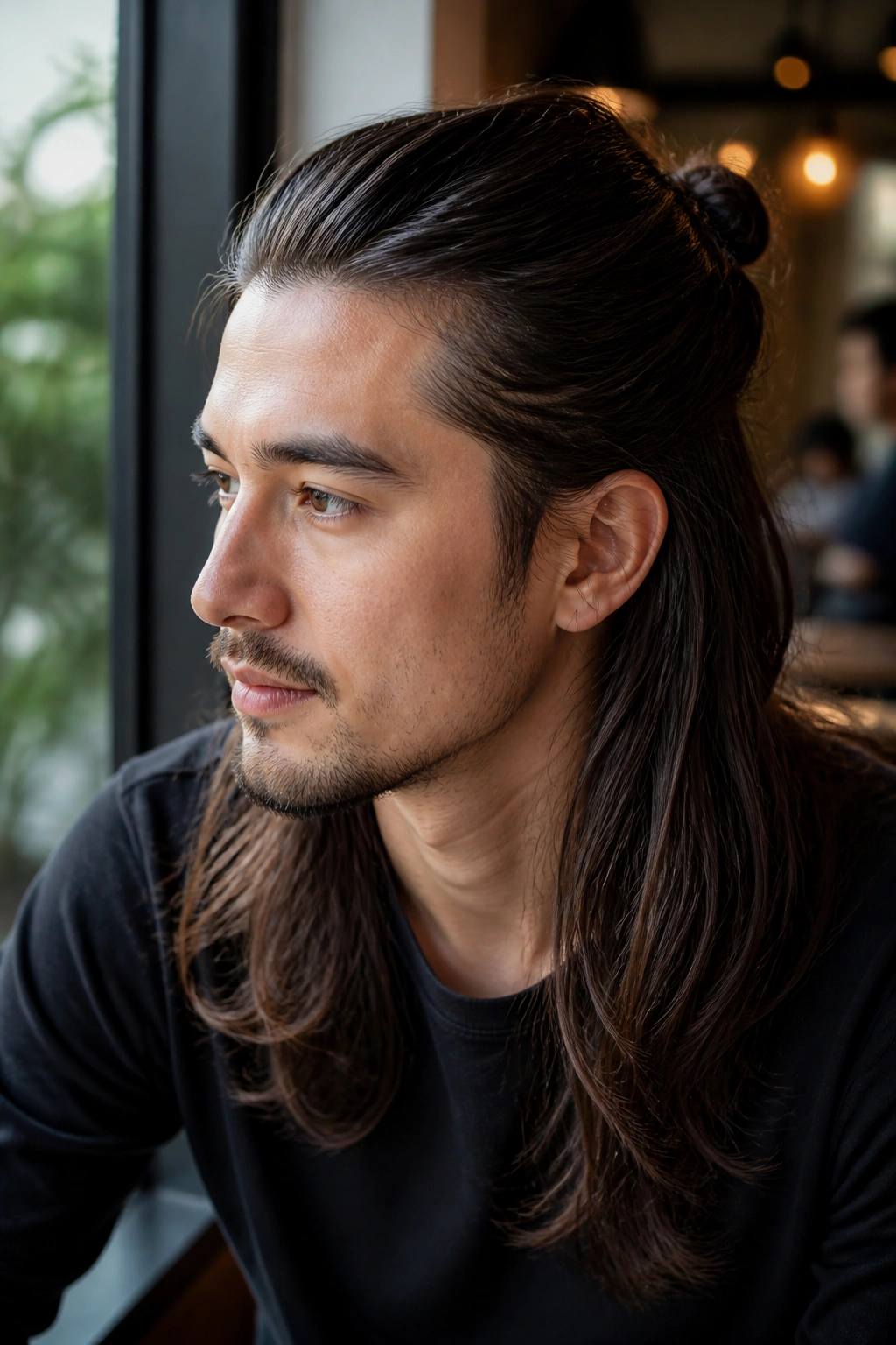 Close-up of a man with half-up half-down hairstyle in cafe light