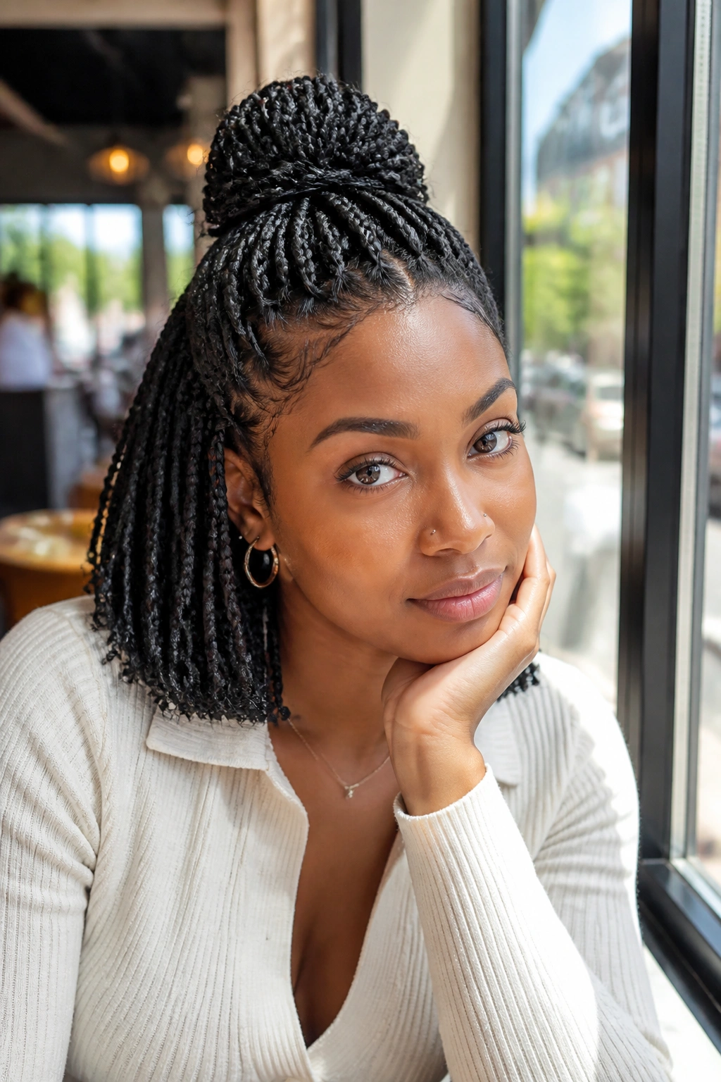Real woman with half-up half-down short box braids