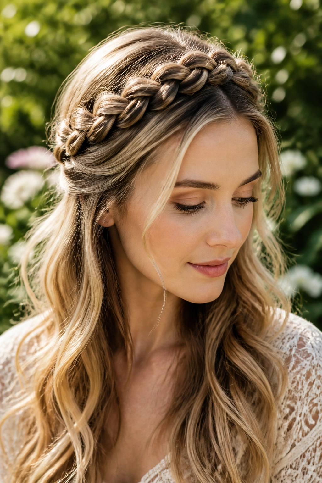 Close-up of a real woman with a half-up halo braid in a sunlit garden