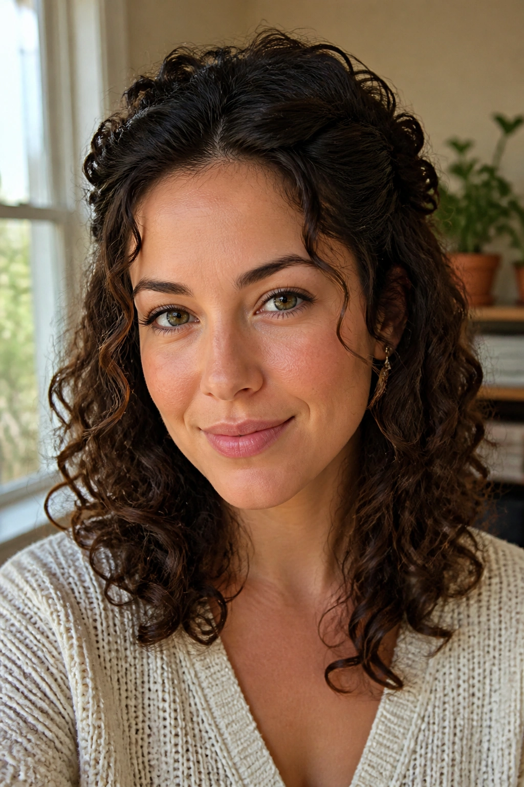 Real woman with twisted half-up halo hairstyle