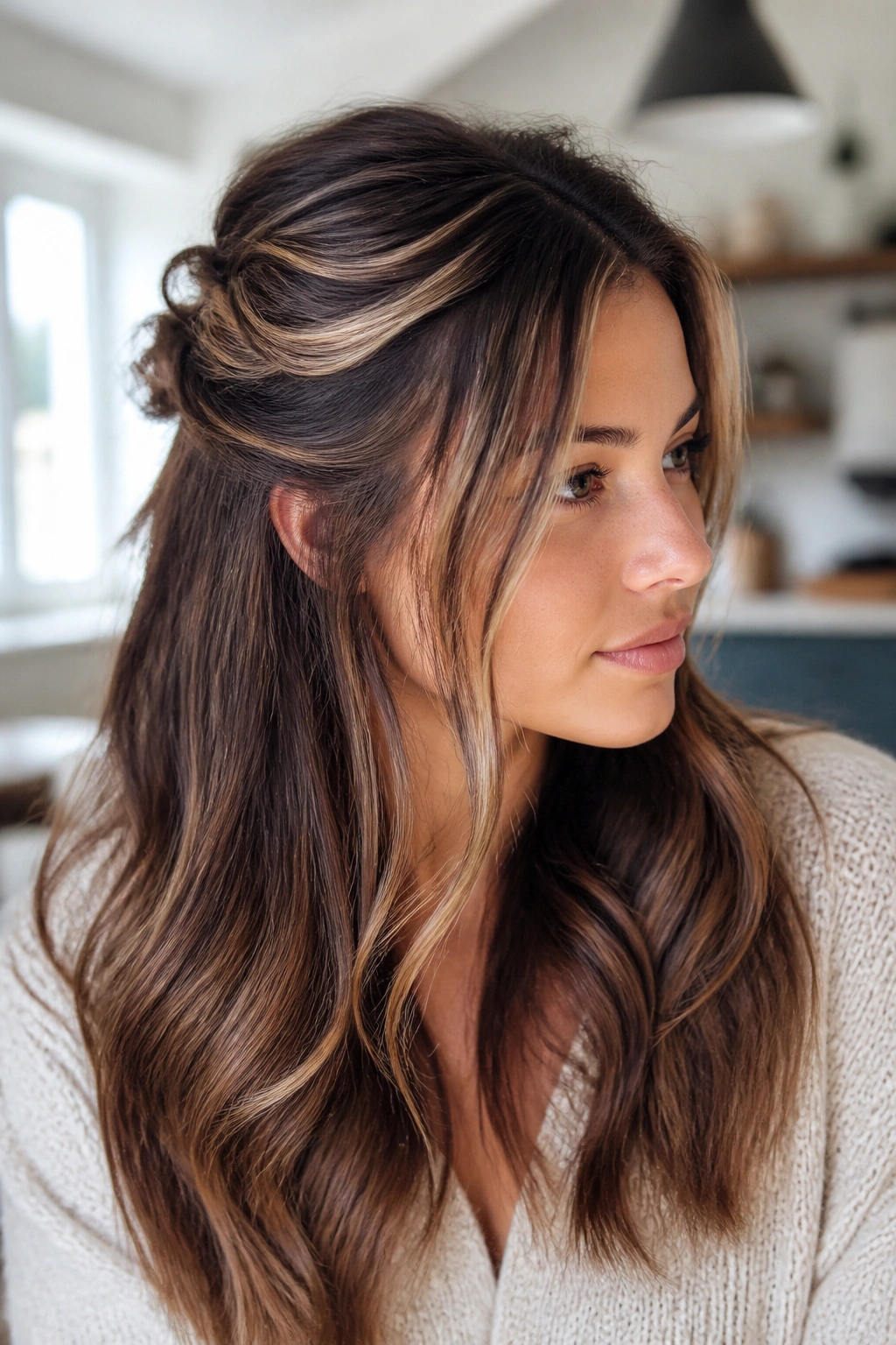 Close-up of a real woman with half-up hair and ribbon-like highlights at the crown