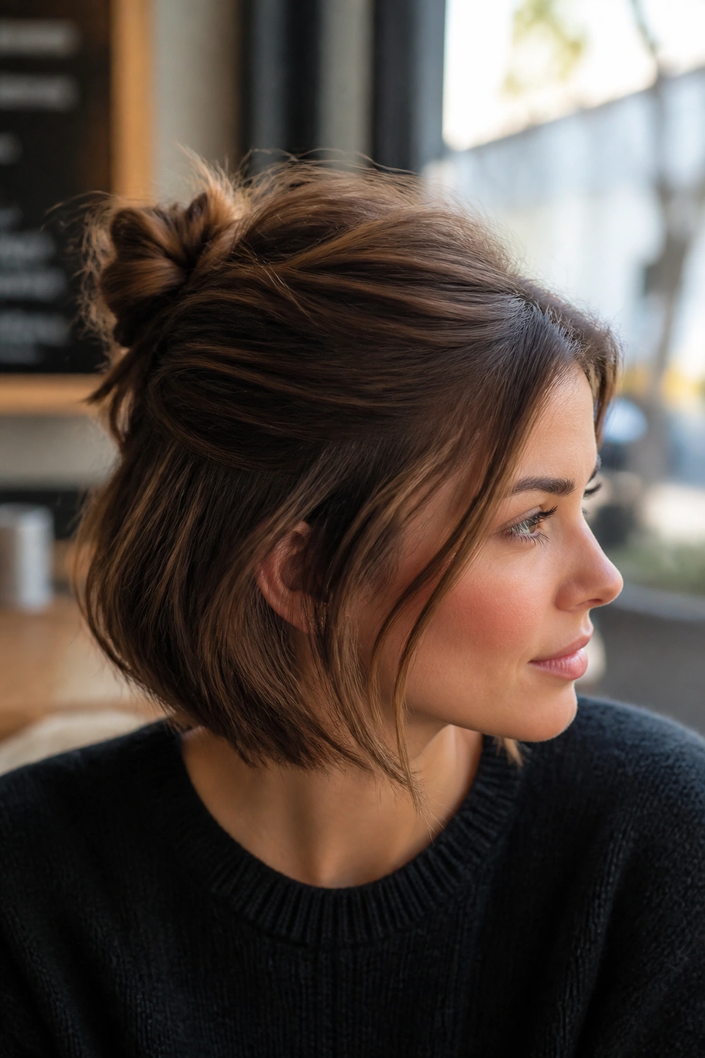 Close-up of a real woman with a half-up knot on a bob.