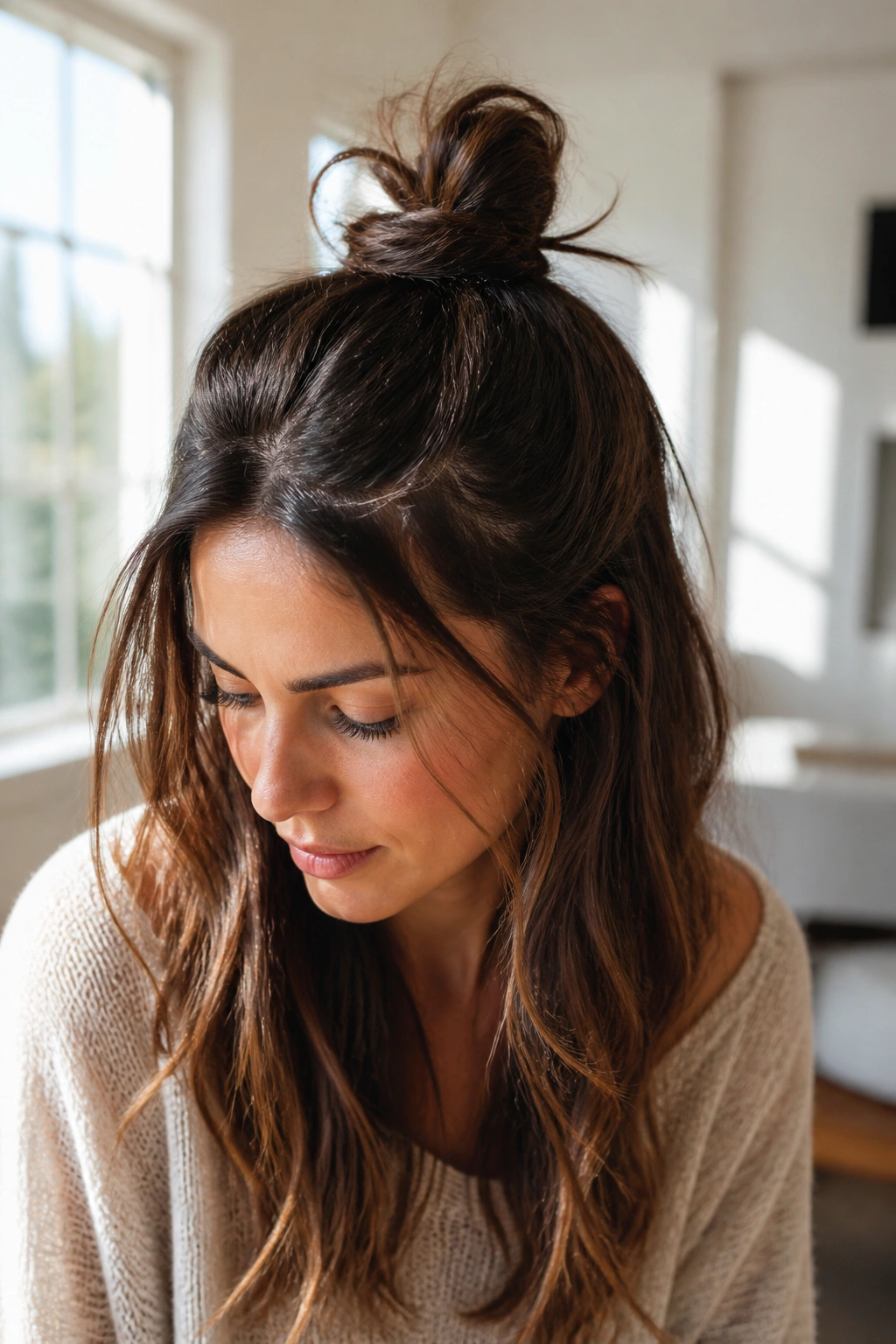 Close portrait of a real woman with a half up knot at the crown