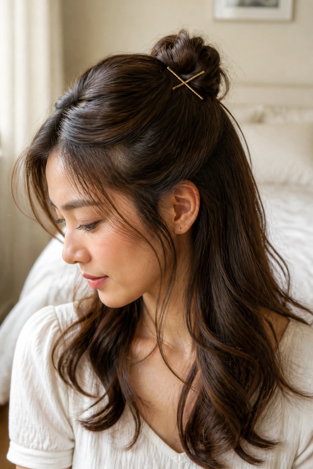 Close-up of a real woman with a half-up knot and curled ends in a warm bedroom