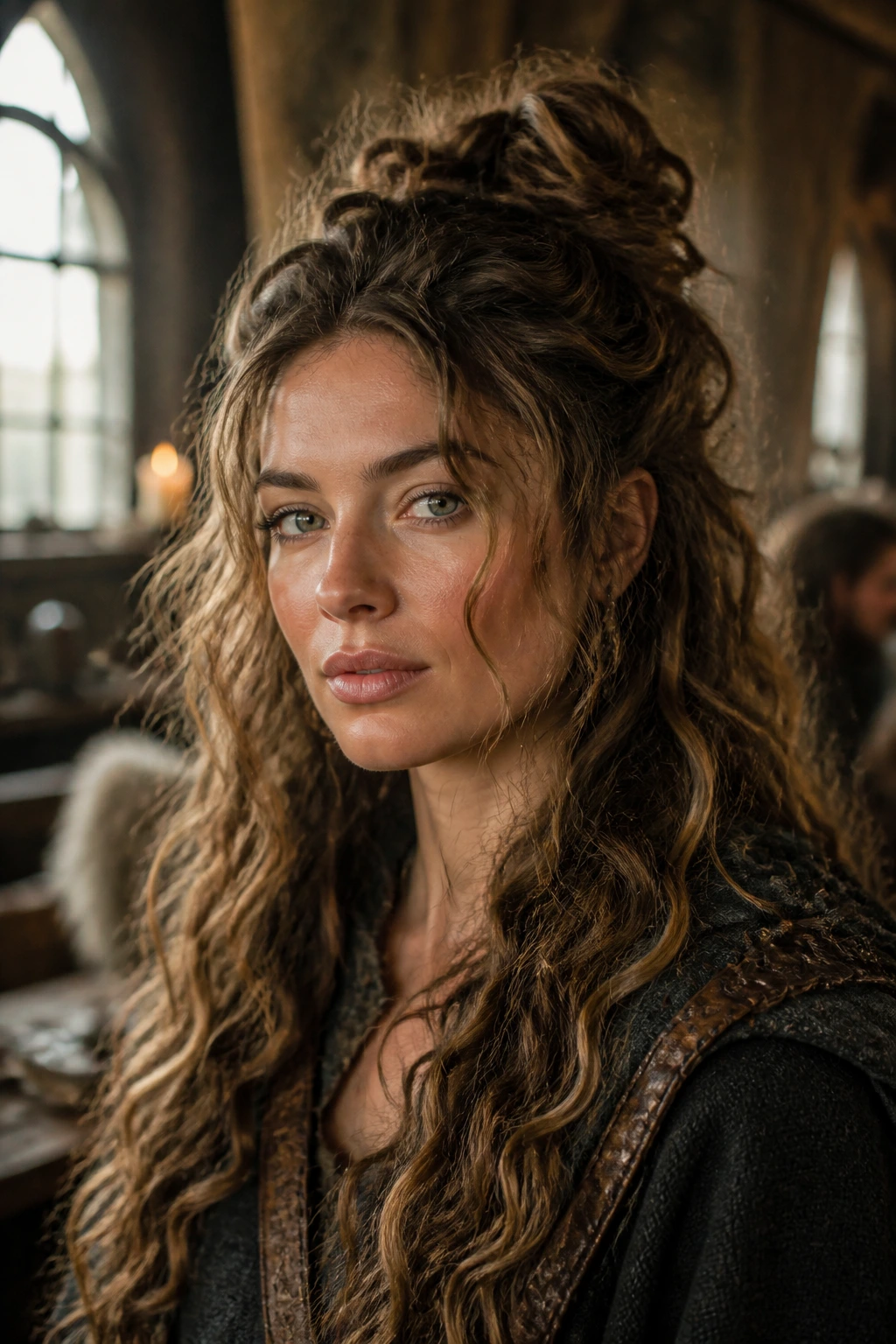 Close-up of a real person with a messy half-up knot and loose curls