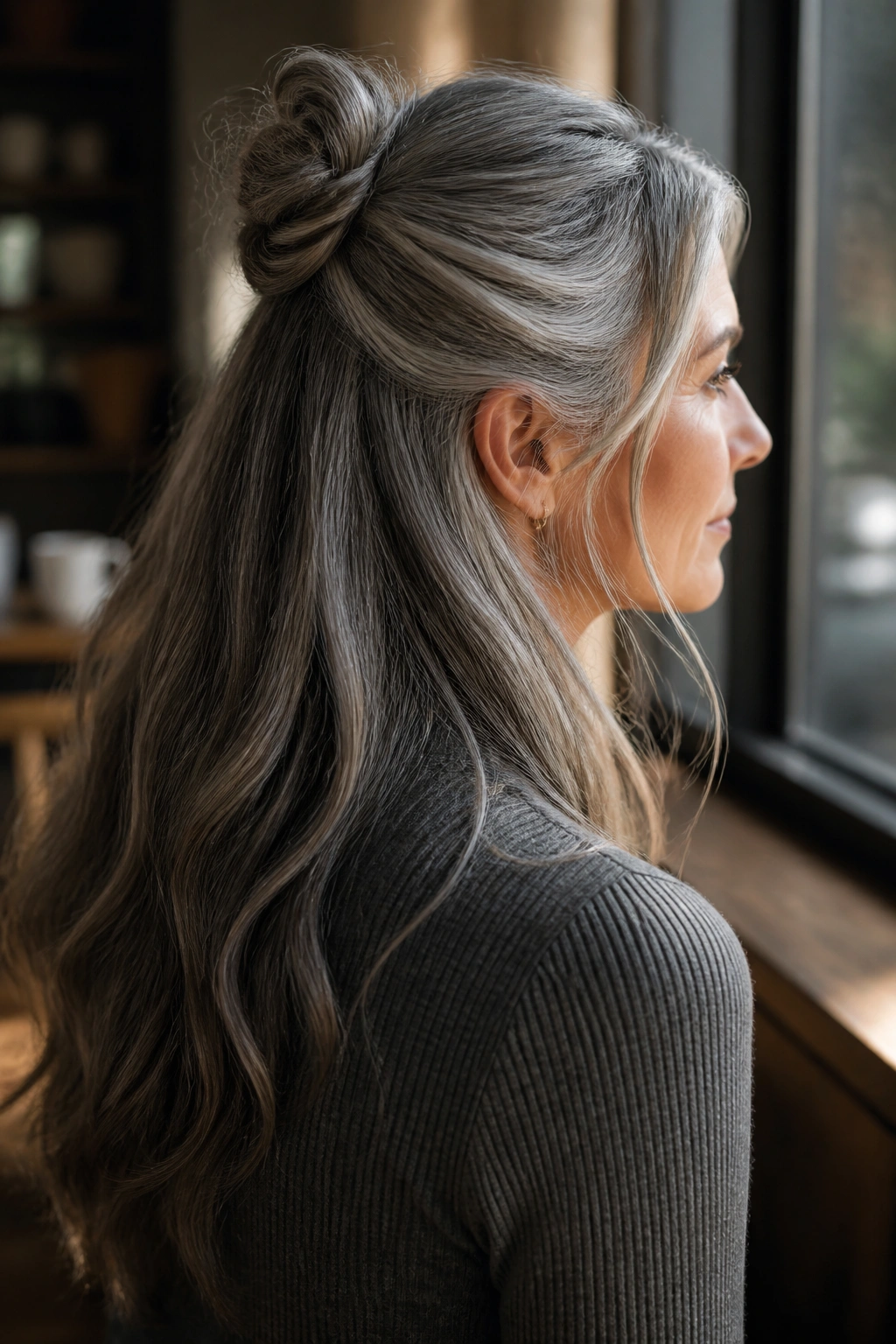 Close-up portrait of a woman with a half-up knot in a cozy cafe setting