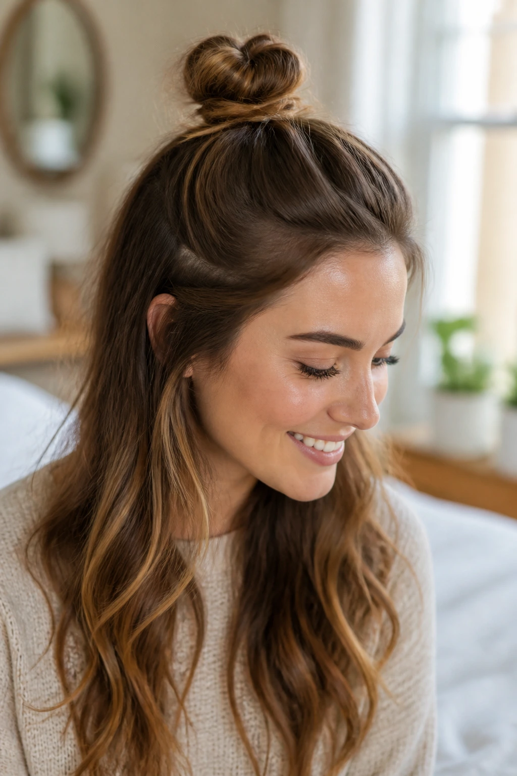 Real person with a half-up knot hairstyle