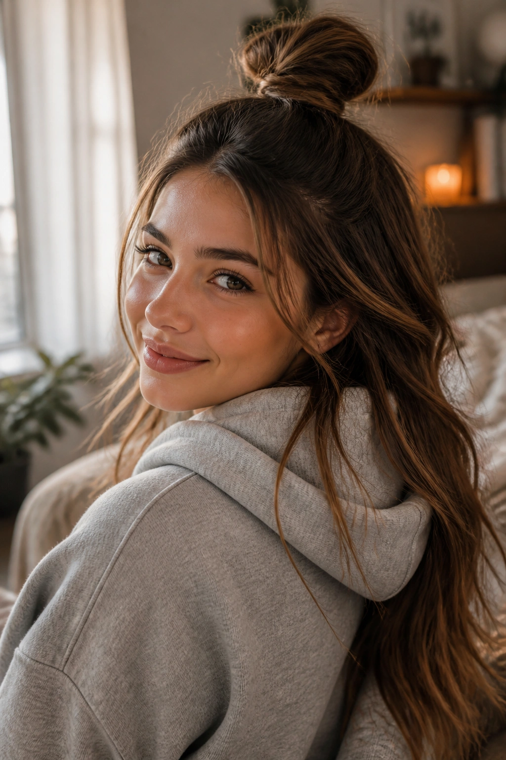 Close-up portrait of a real woman showing a Half-Up Top Knot With Loose Length hairstyle.