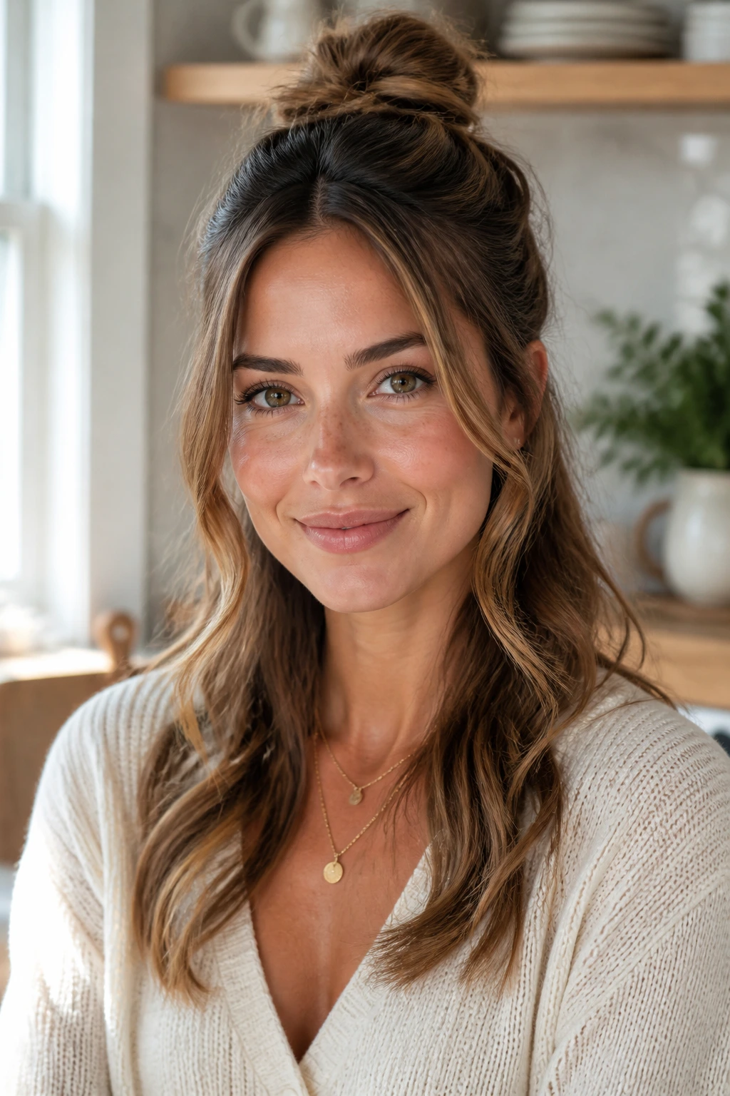 Close-up of a woman with a half-up top knot and loose front pieces in daylight