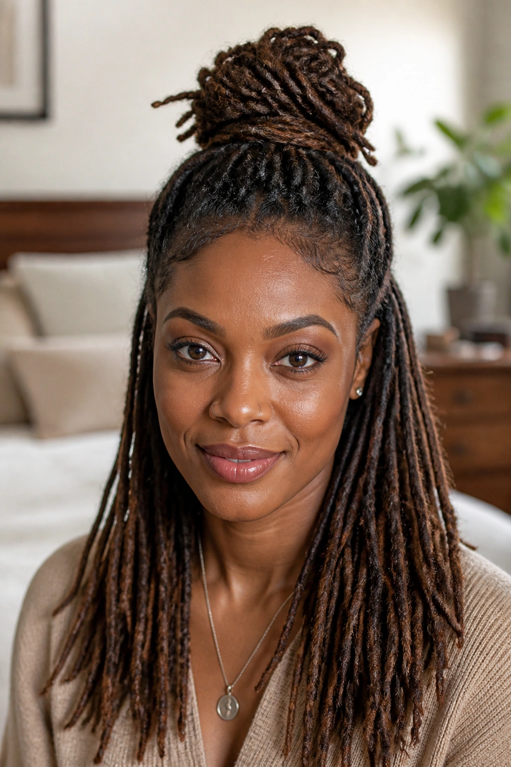 Close-up portrait of a real woman with a half-up top knot and hanging locs, crown height evident, warm window light.