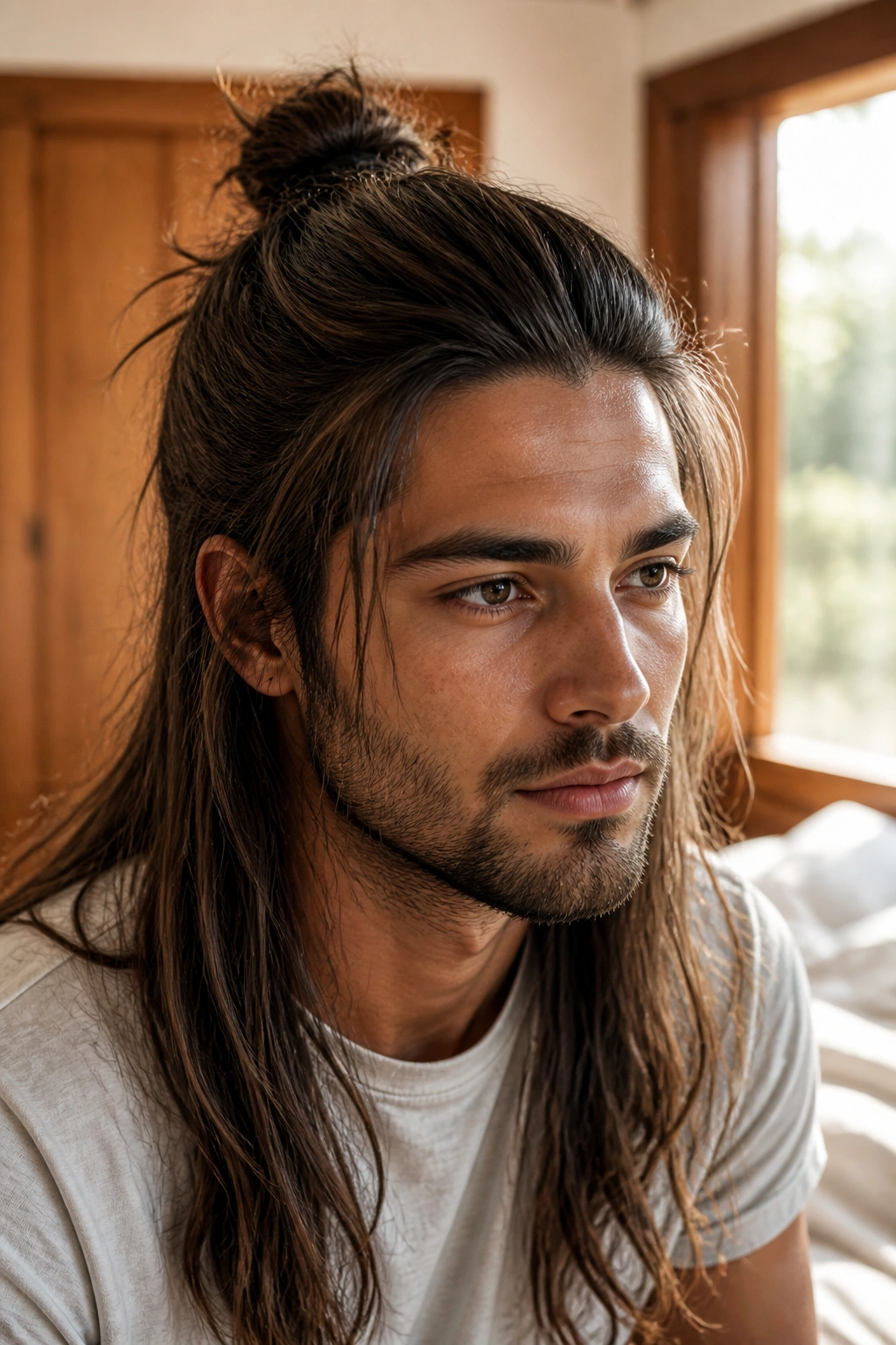Close-up of a man with a half-up knot hairstyle in long straight hair