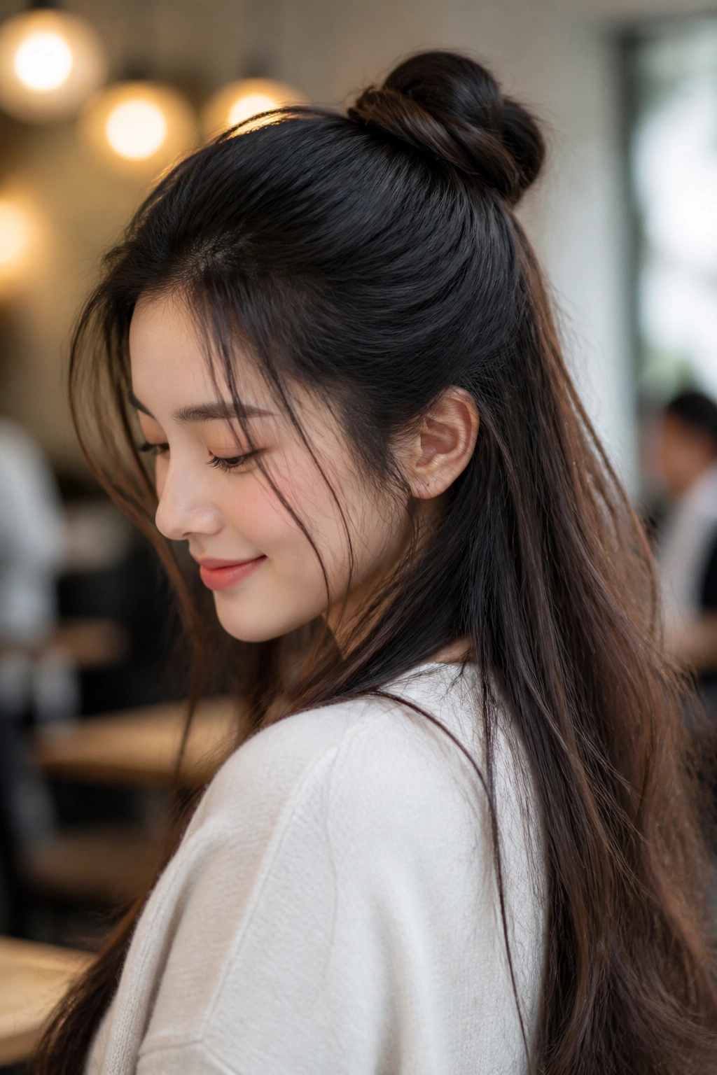 Portrait of a woman showing a half-up knot with loose length hair in a casual cafe setting