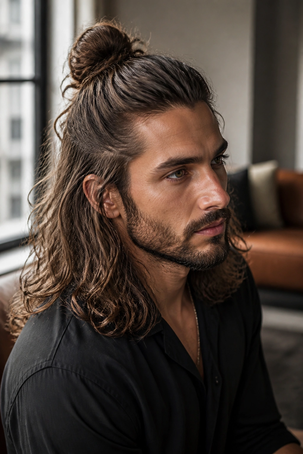 Close-up of a man with a half-up knot and loose waves