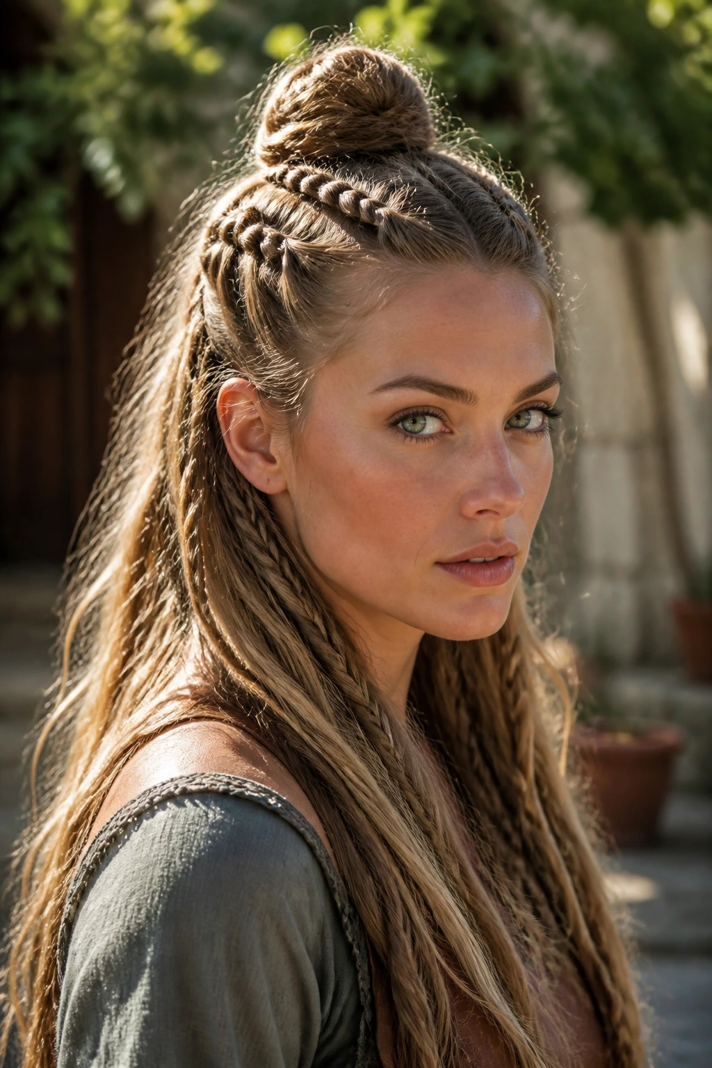 Close-up of a woman with a half-up knot and loose length hair in a sunny courtyard