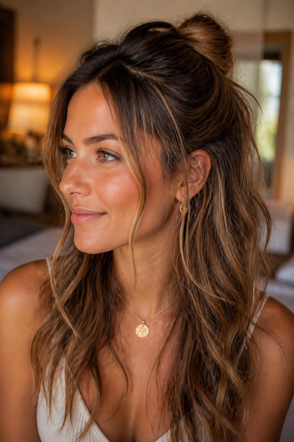 Close-up of a real woman with a half-up knot and loose waves.