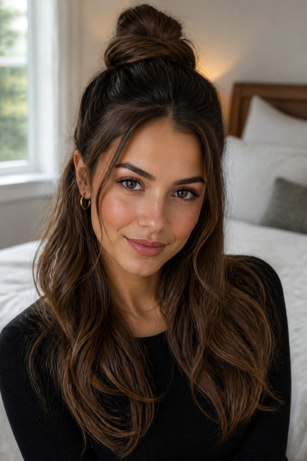 Close-up of a real woman wearing a Half-Up Knot Ponytail with top knot and flowing bottom hair