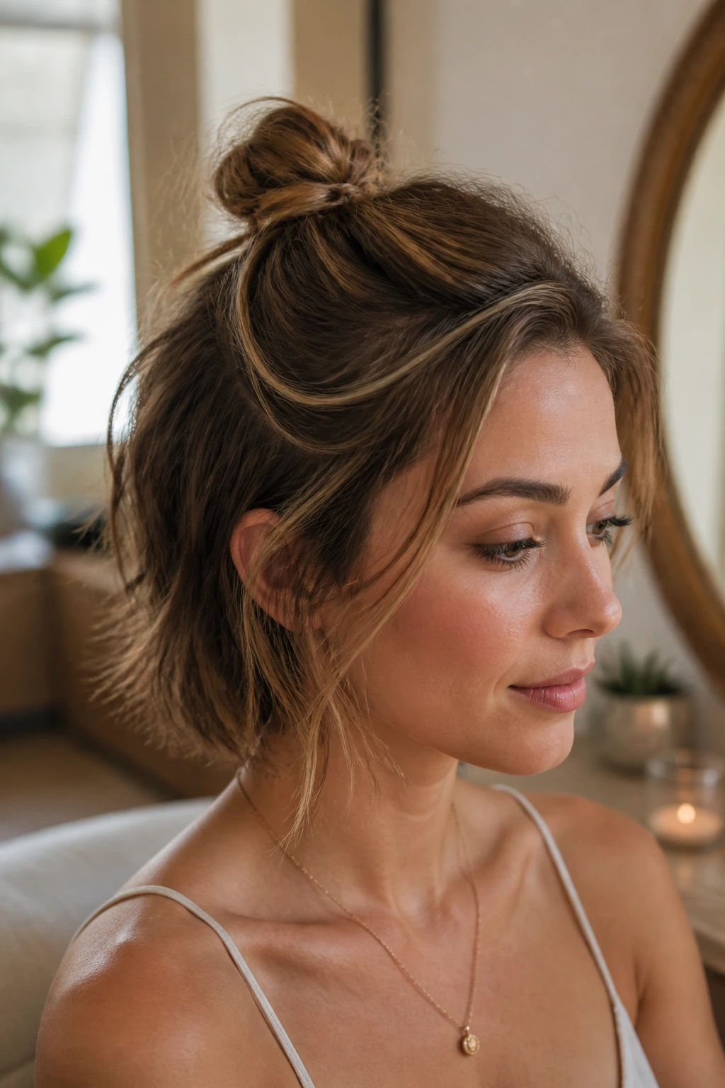 Close-up of a real woman showing a tiny half-up knot on short hair
