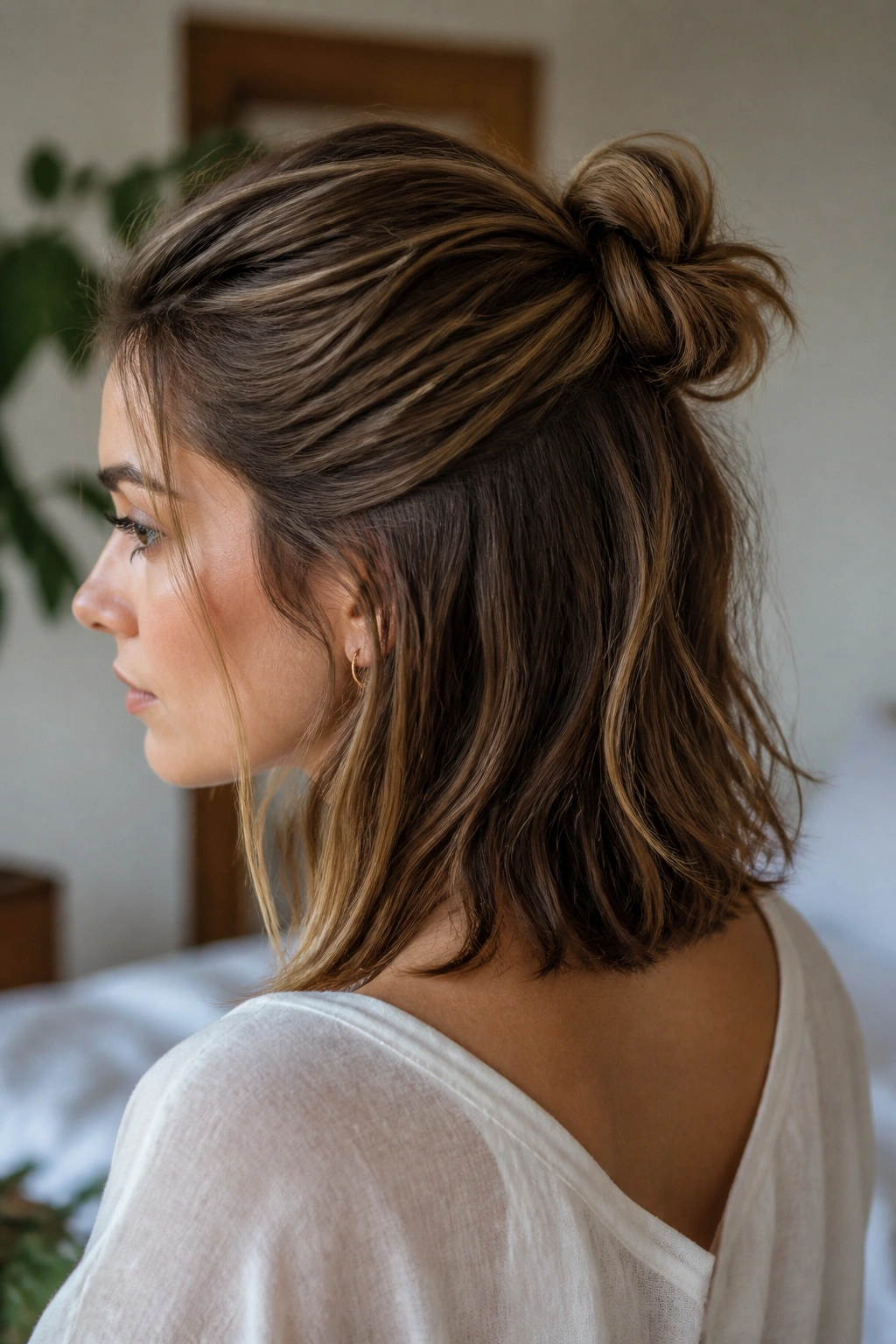 Woman with half-up knot on shoulder-length hair.