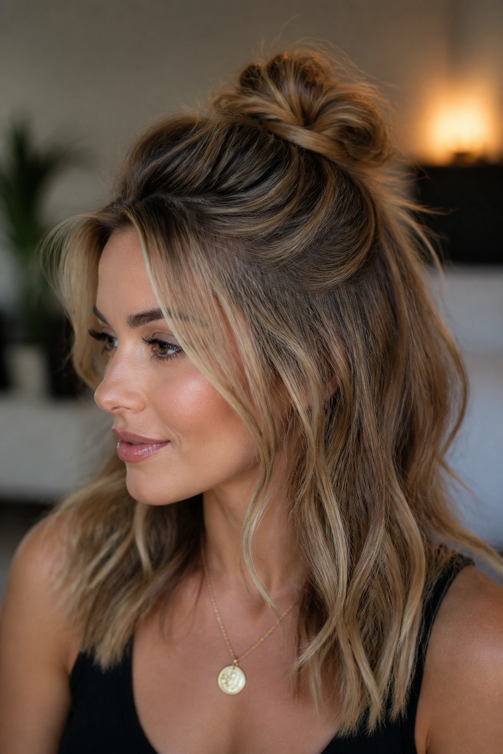 Real person with a half-up knot and soft volume in medium-length hair.