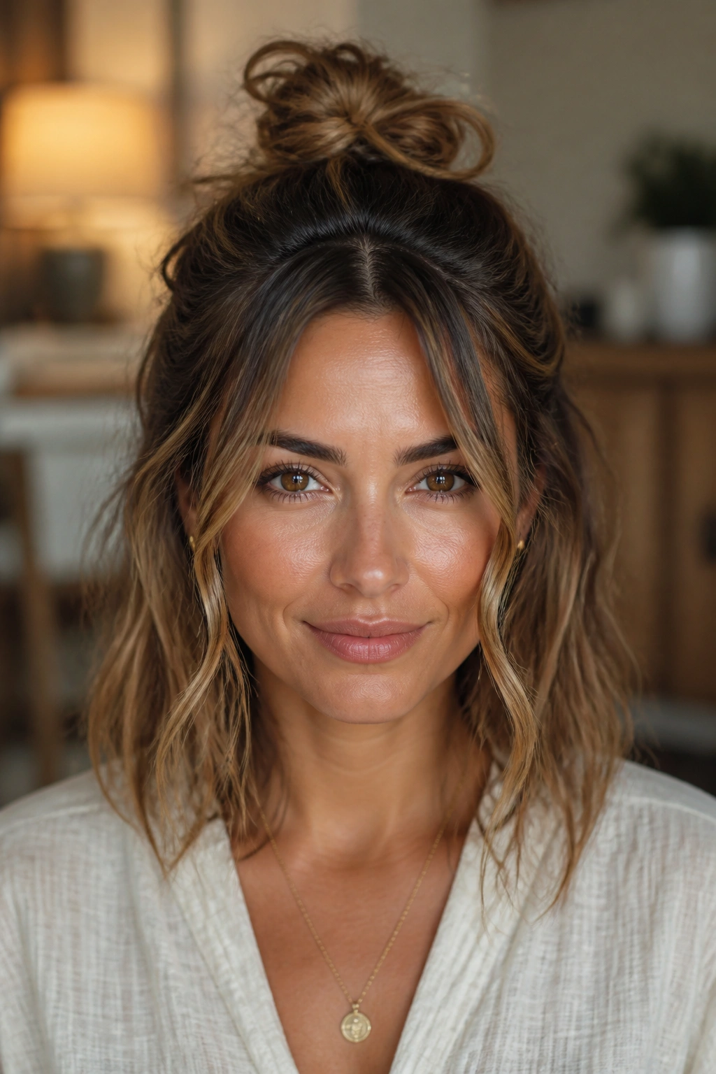Real woman with half-up knot and face-framing waves in living room