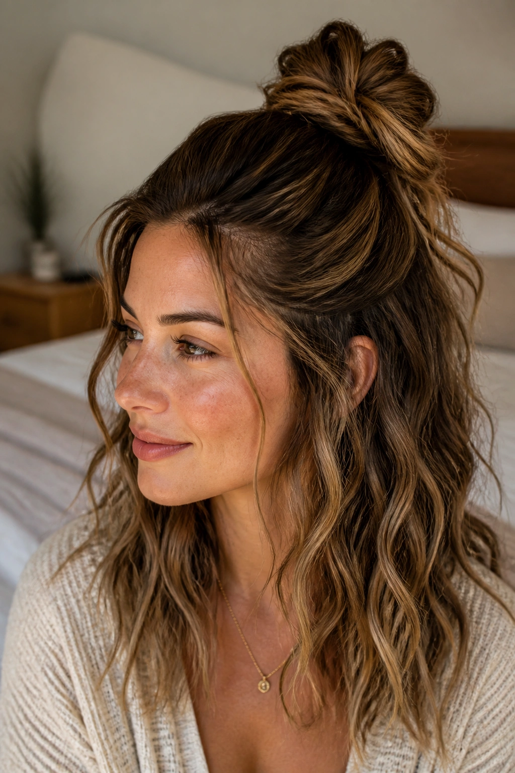 Real woman with half-up knot and loose waves