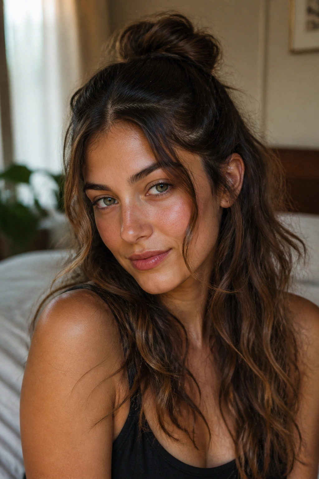 Close-up portrait of a real person with half-up knot and face-framing waves in warm window light