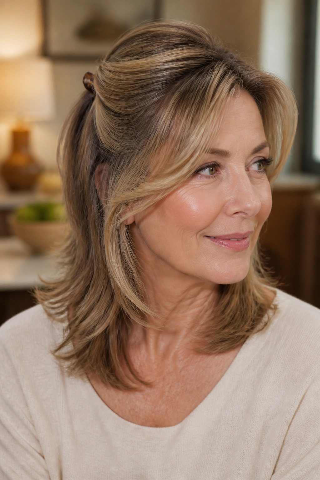 Real woman with half-up layered cut held back by a small clip