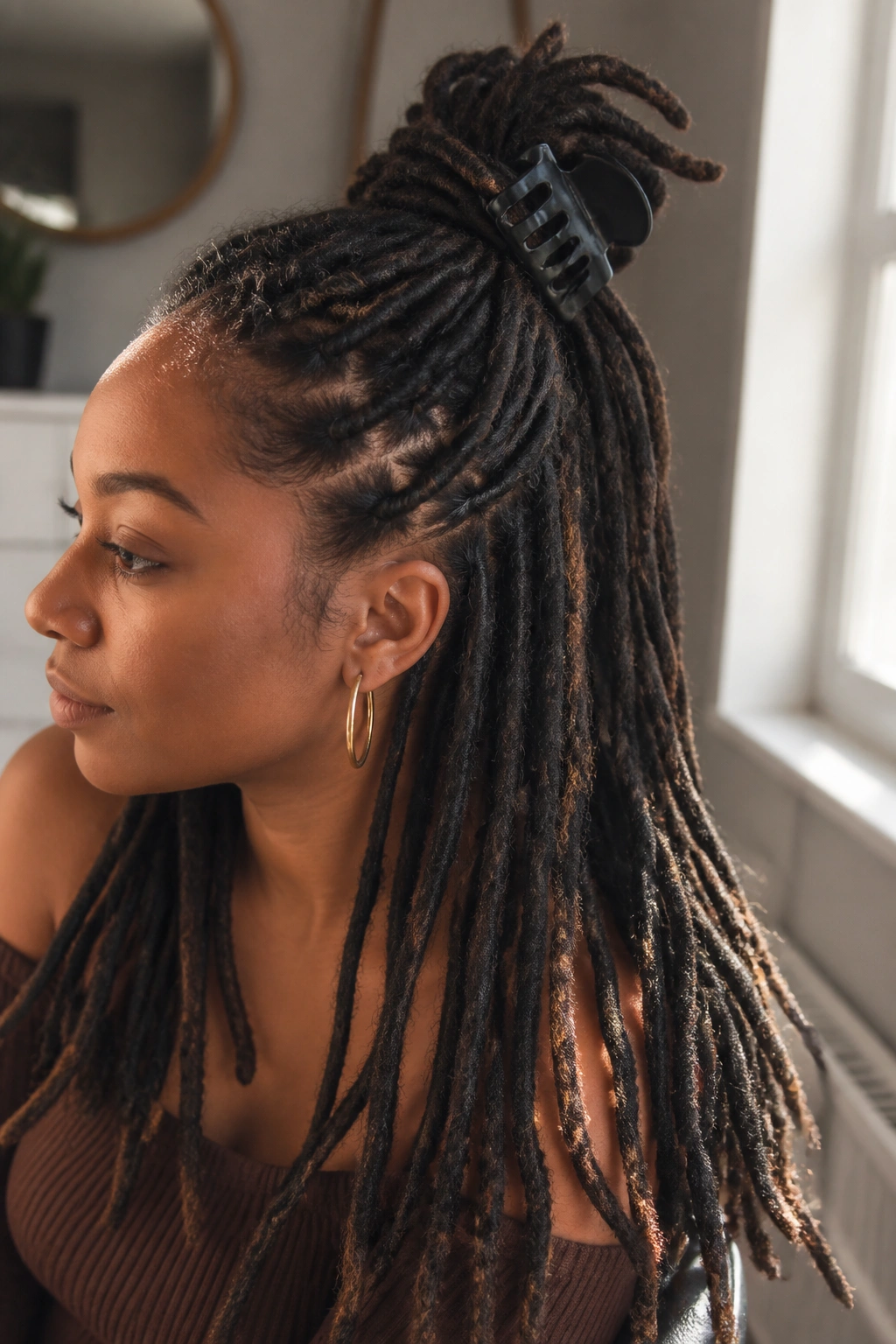 Close-up of a person with half-up locs and back hair cascading freely