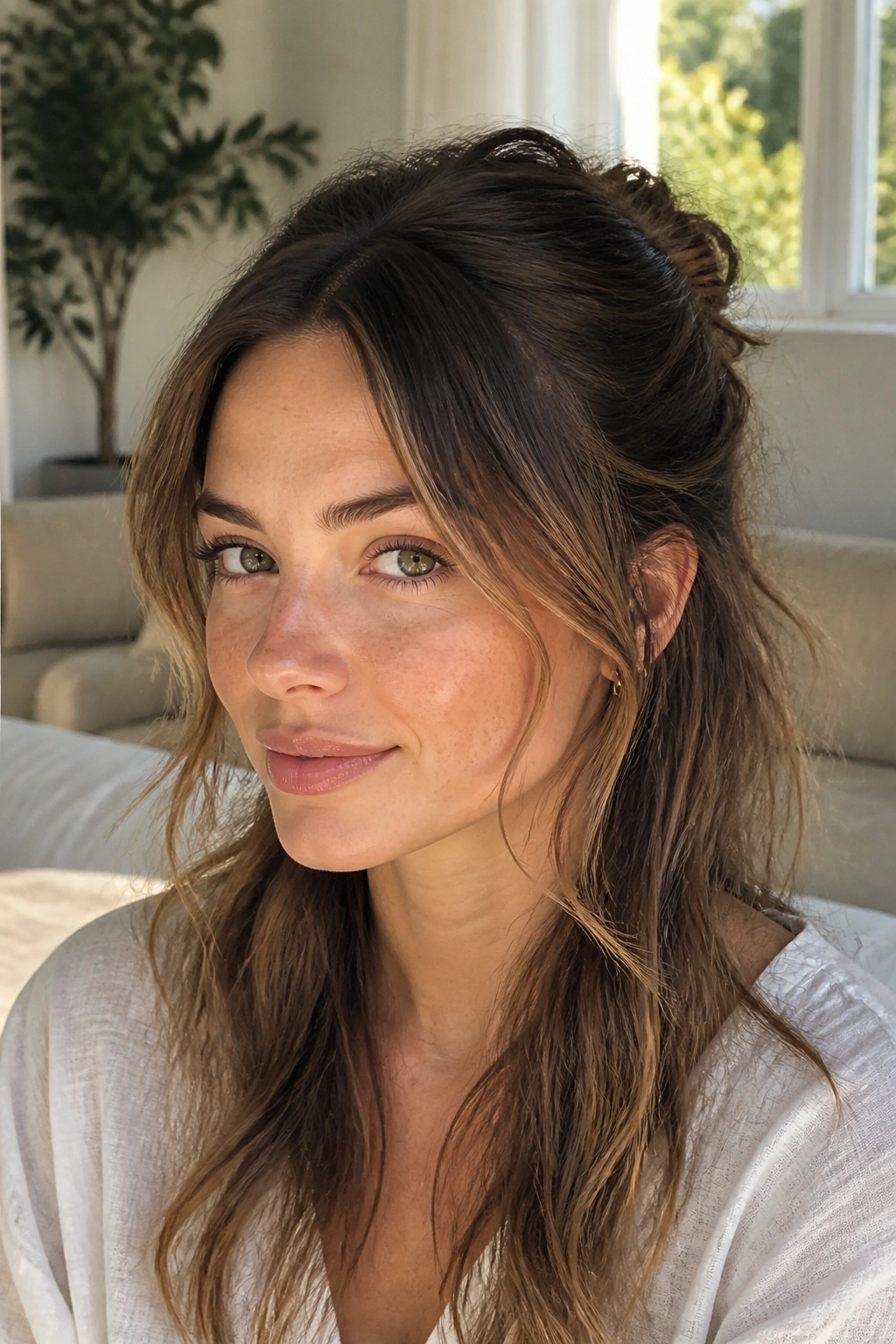 Real woman in half-up hairstyle with loose front pieces framing cheeks in a sunlit living room