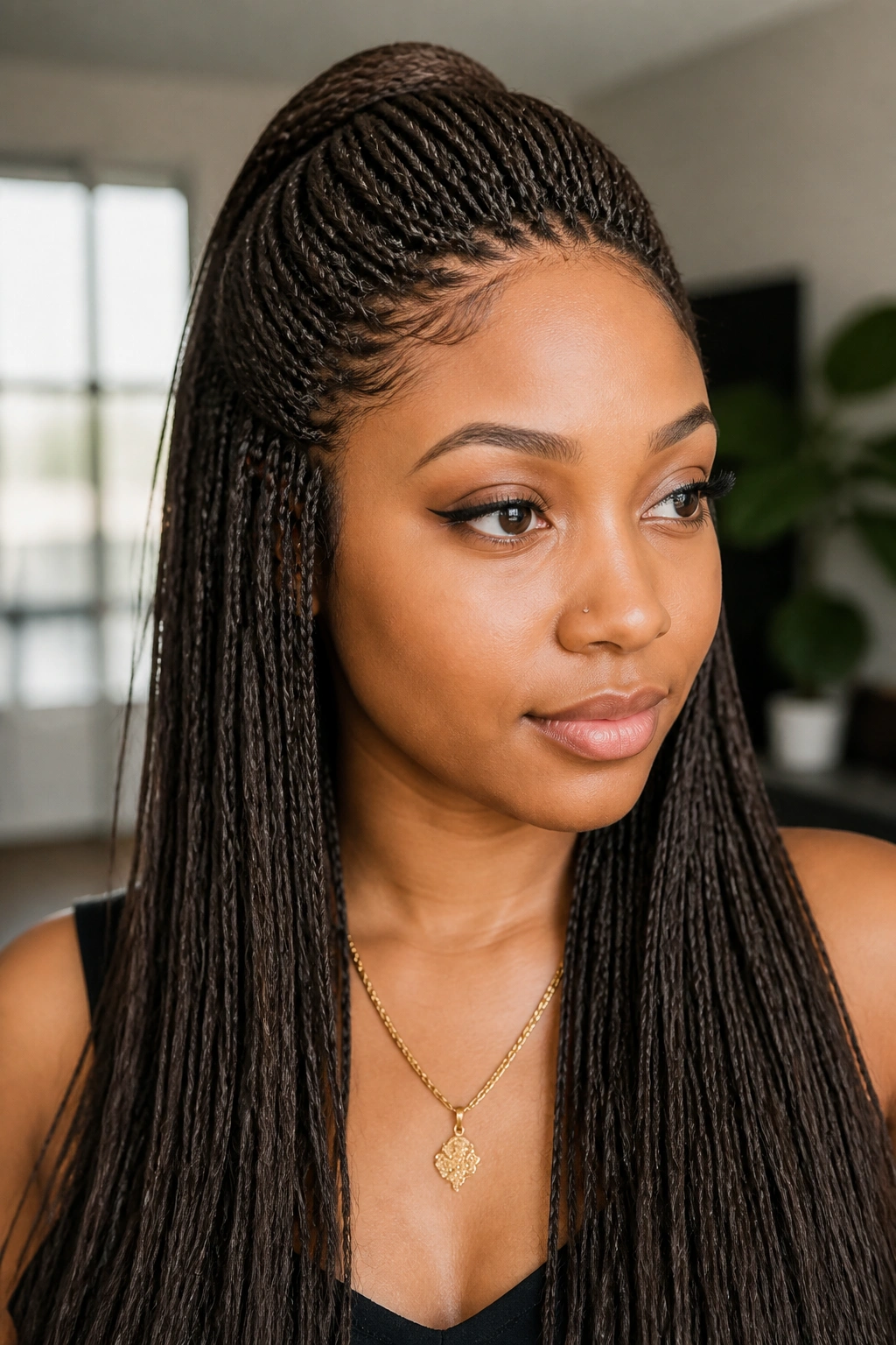 Close-up of half-up micro braids with crown lift on a real person