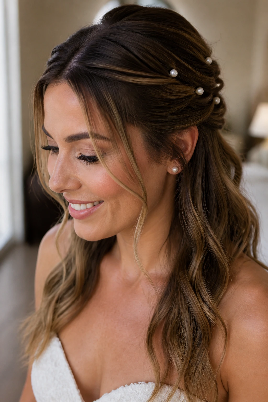 Bride with twisted half-up hairstyle and pearls