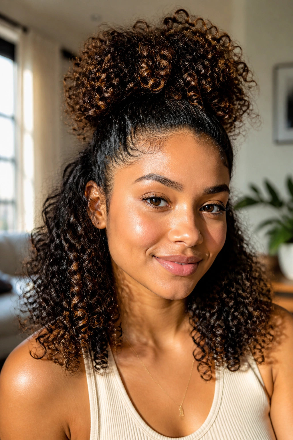 Real person with half-up pineapple puff hairstyle in sunlit interior