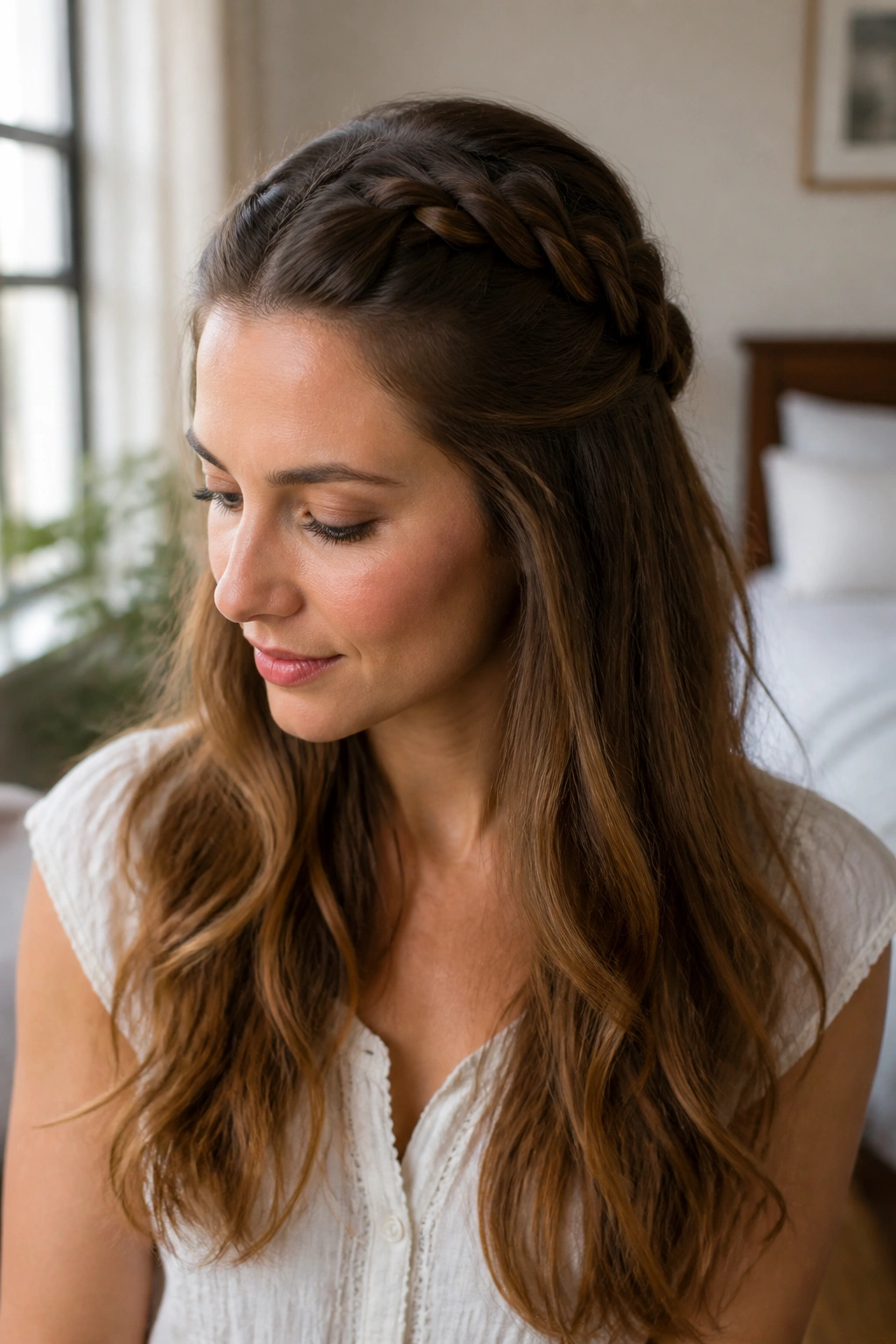 Close-up of a woman with a half-up plait showing top braid and visible length.