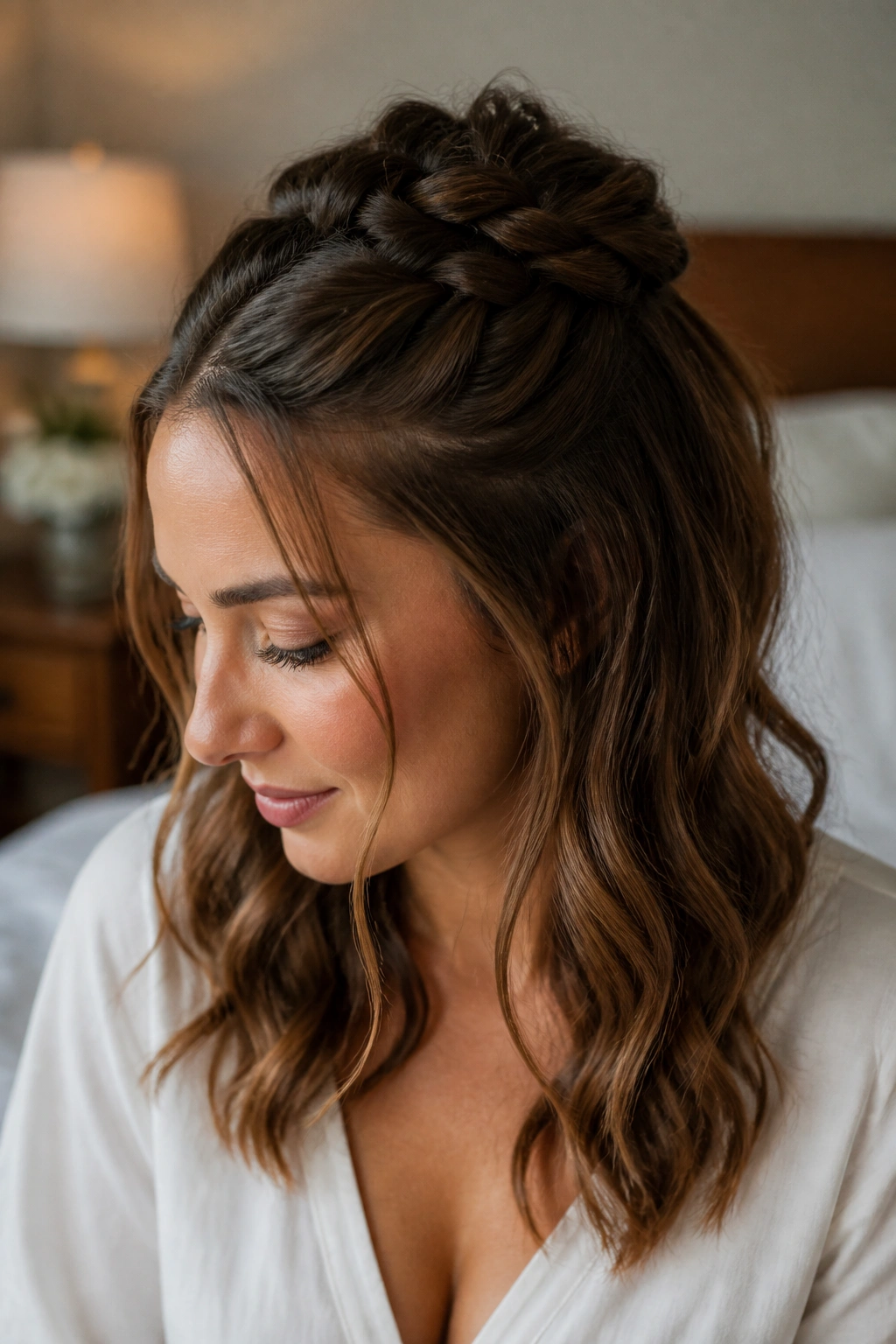 Close-up of a real woman with a half-up plait and loose waves in a softly lit bedroom