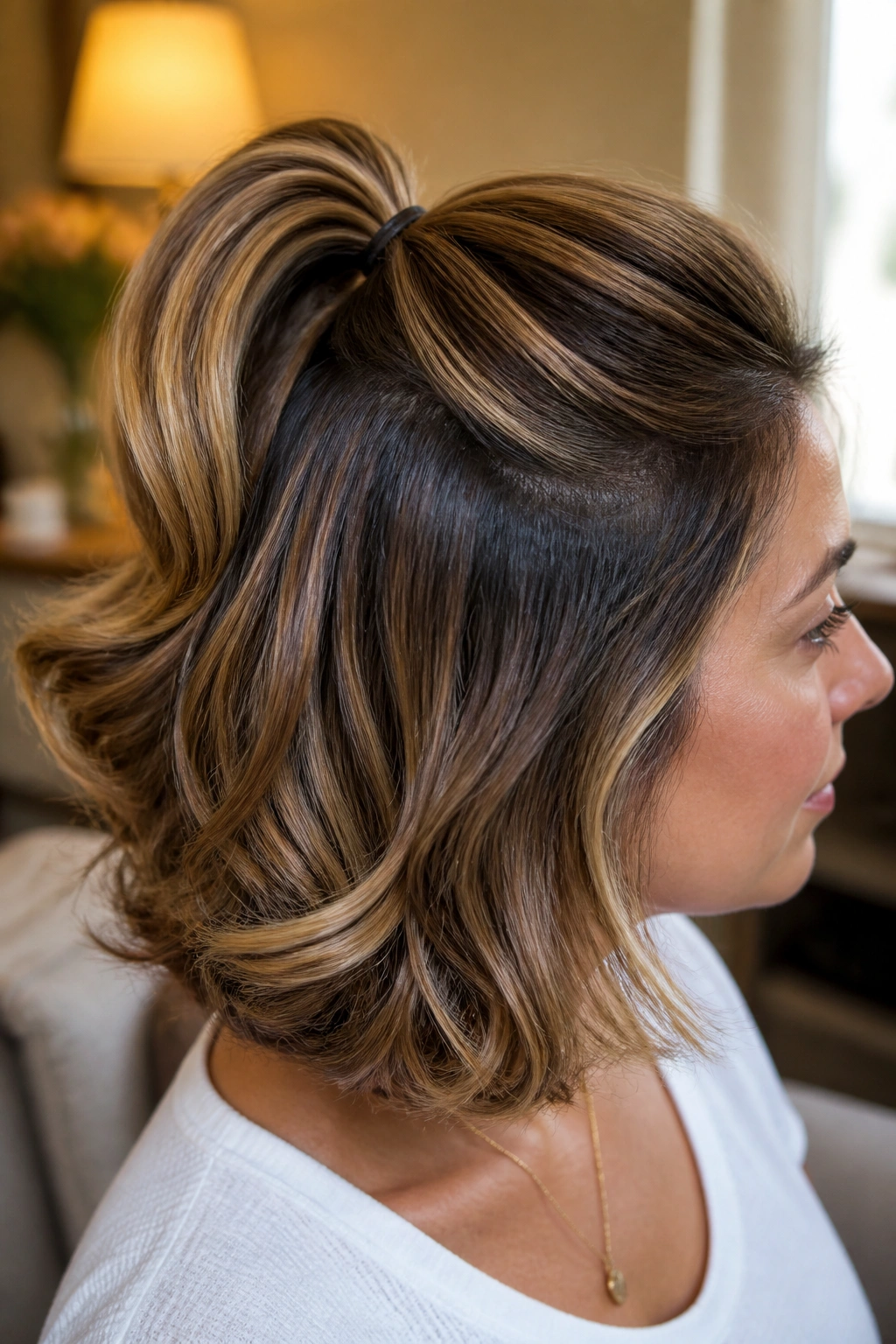 Close-up of a real woman's head with a half-up pony and curled ends